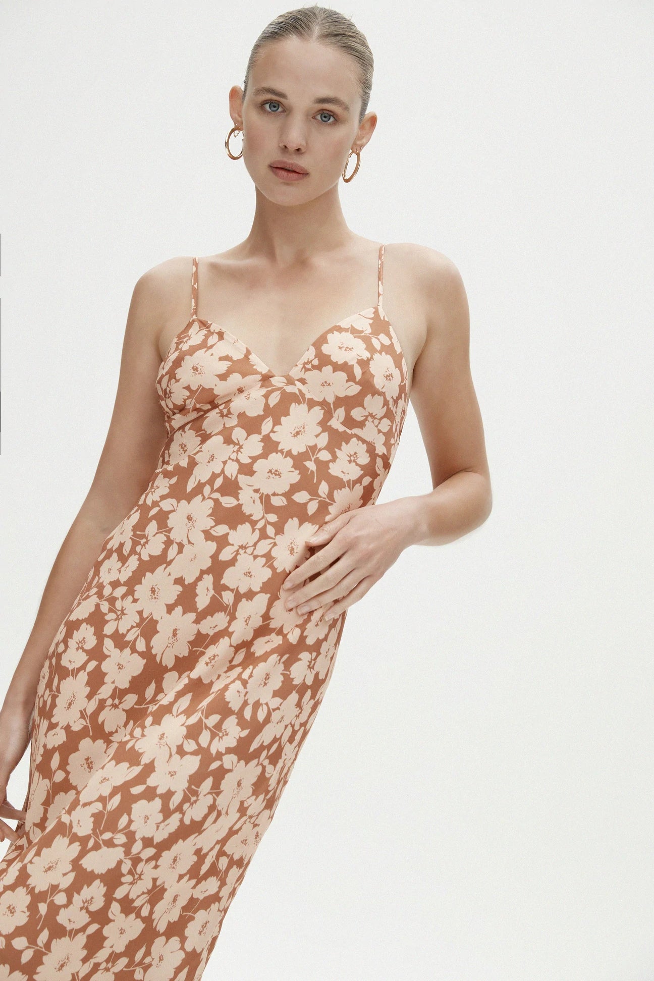 Dina Dress - Mocha Floral Print Women's Summer Dress | Elegant Flowy Maxi Dress for Beach, Wedding & Vacation