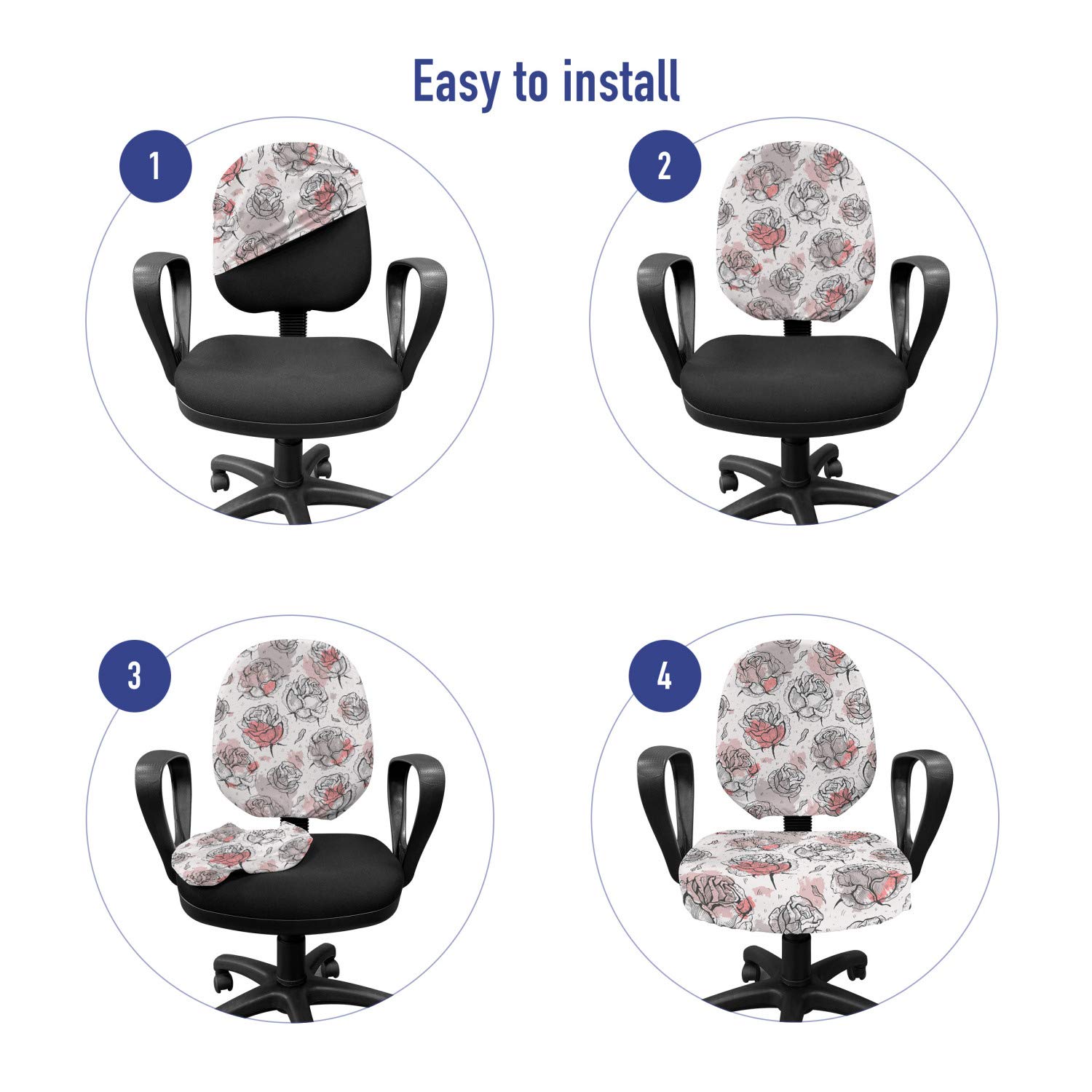 Ambesonne Rose Office Chair Slipcover - Romantic Floral Stretch Fabric Cover with Pastel Paint Blots in Pale Rose Coral Grey | Perfect for Home Office, Study Room & Workspace Decor