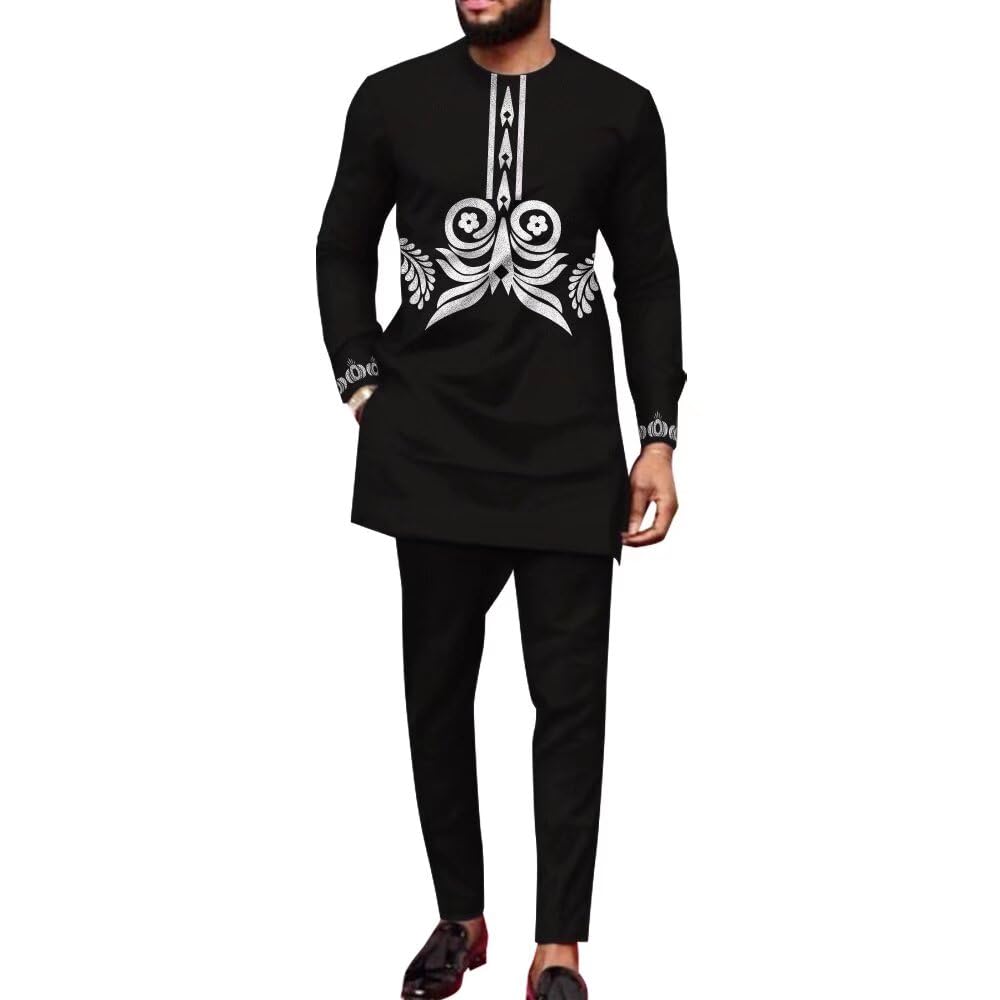 UOUNET African 2-Piece Outfit for Men - Long Sleeve Dashiki Shirt & Pants Set with Gold Print | Traditional African Clothing for Weddings, Parties & Cultural Events