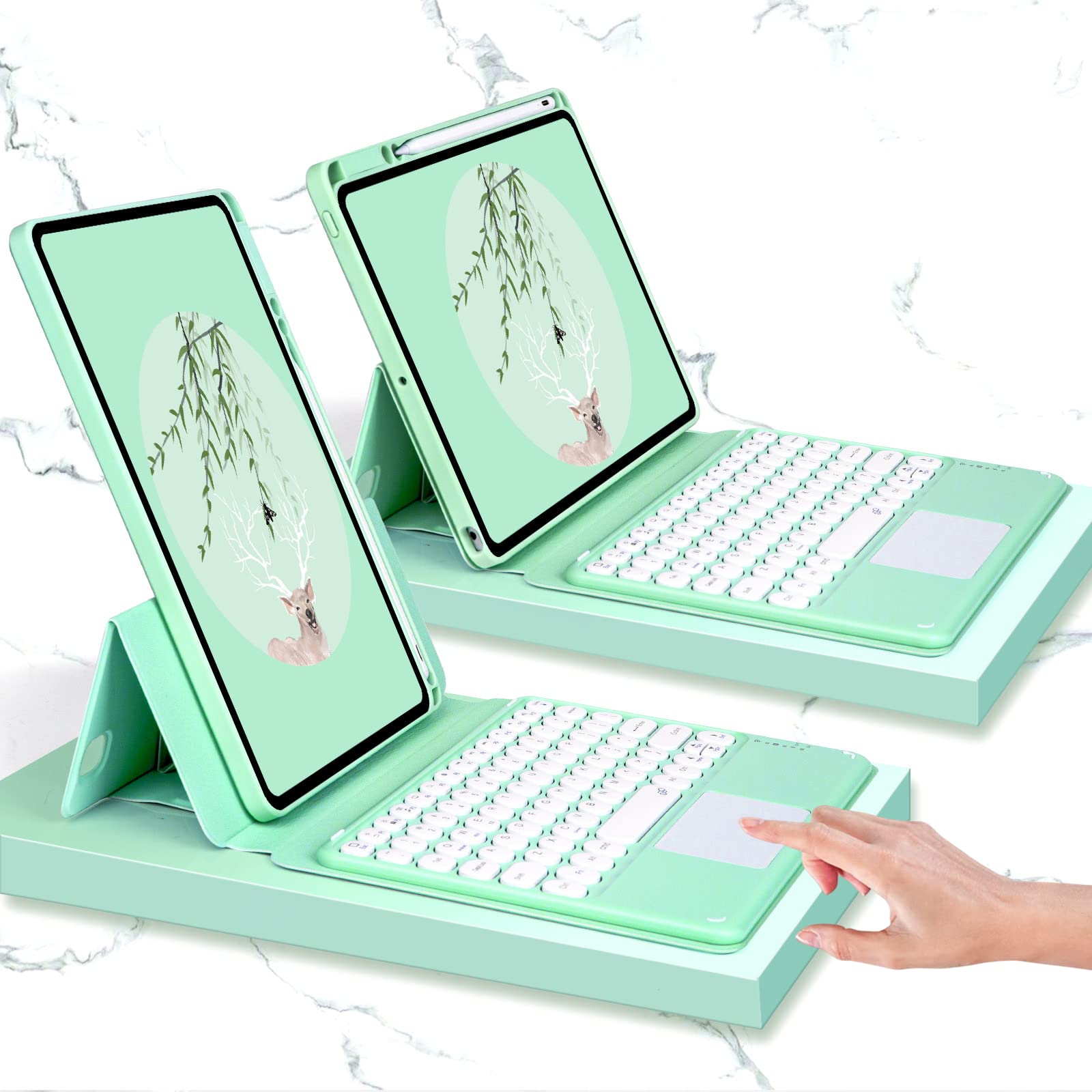 iPad 9th/8th/7th Generation Keyboard Case with Touchpad - Compatible with iPad Air 3rd Gen & Pro 10.5 - Detachable Magnetic Keyboard with Pencil Holder & Clear Cover (Mint Green) - Perfect for Work, Study & Travel
