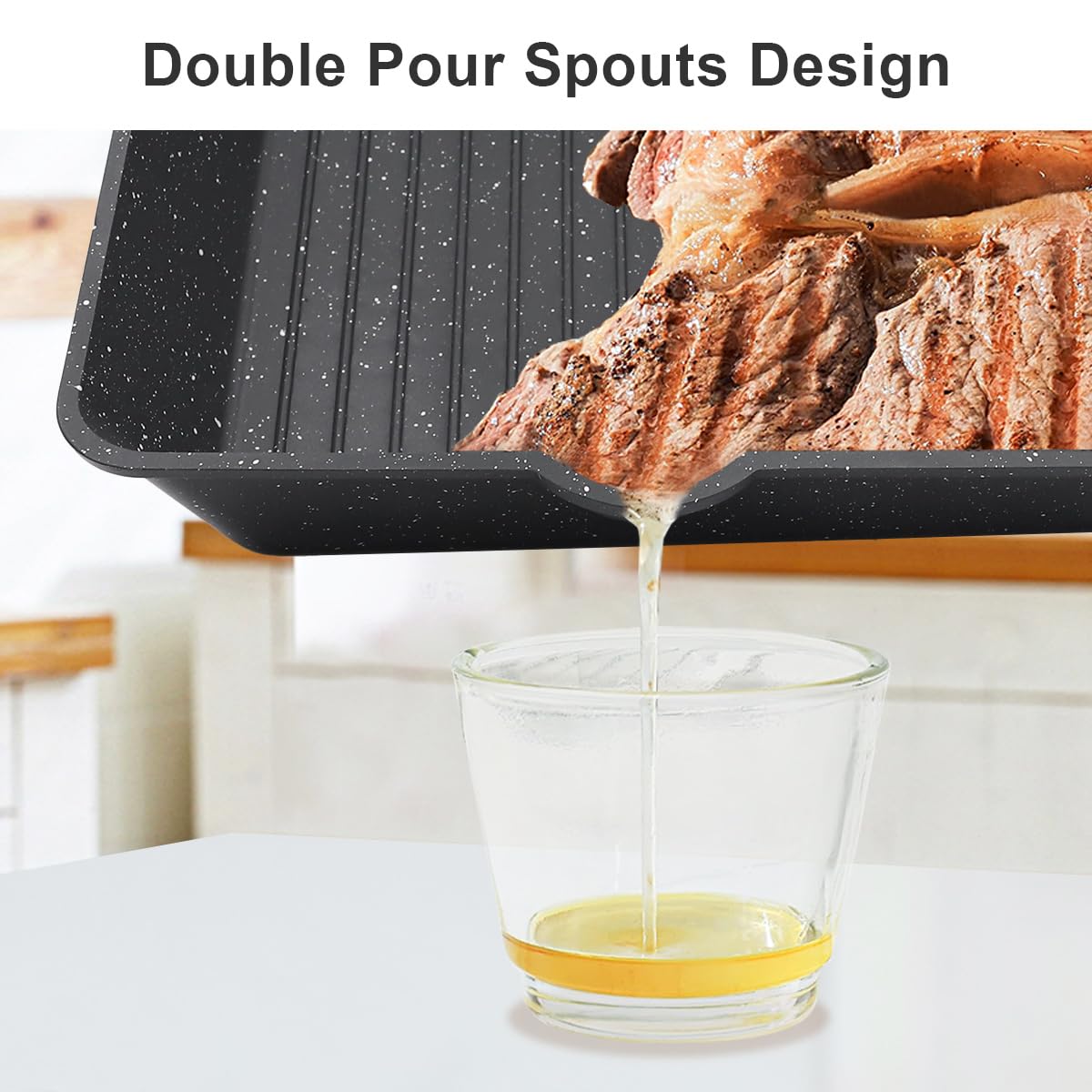 Nonstick Square Grill Pan 9.5 Inch - Cast Aluminum Steak Pan with Removable Handle, Oven & Dishwasher Safe, Double Pour Spouts, Black - Perfect for Grilling Steaks, Burgers, and Vegetables Indoor or Outdoor