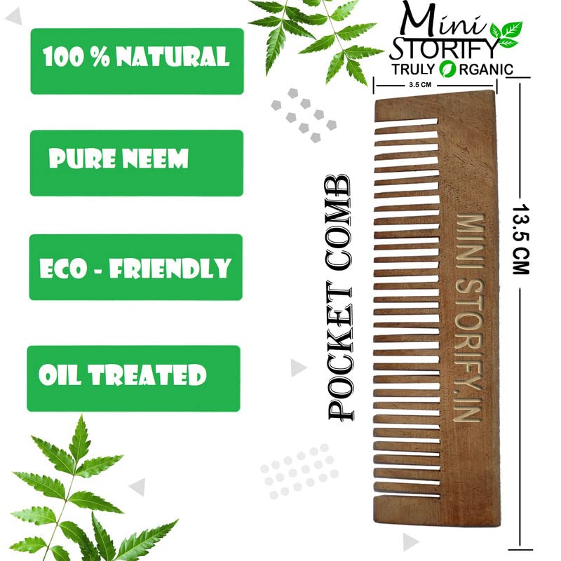 Mini Storify – Natural Kacchi Neem Wood Comb for Hair Growth & Scalp Care - Pack of 2 Handmade Wooden Combs for Women & Men - Anti-Dandruff & Hair Fall Control - Pocket & Handle Comb for Daily Hair Care, Travel & Ayurvedic Hair Treatment