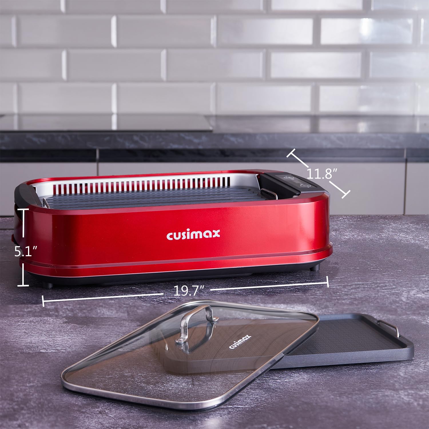 CUSIMAX 1500W Electric Indoor Smokeless Grill - Korean BBQ Griddle with LED Smart Display, Tempered Glass Lid & Non-Stick Removable Plates (Red) - Perfect for Home Cooking, Family Gatherings & Healthy Meals