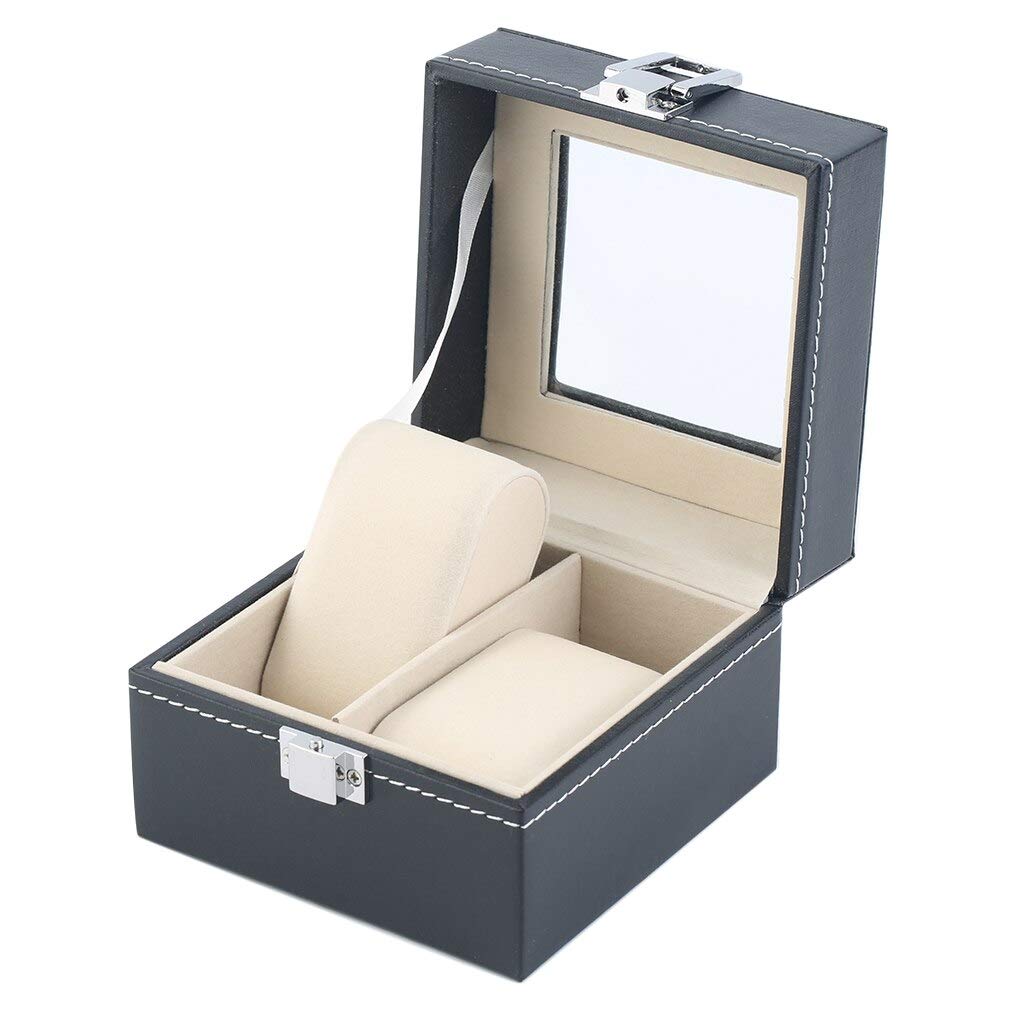 Premium PU Leather Watch Box - 2 Grid Black Plain Watch Case for Jewelry Display & Storage | Luxury Gift Packaging for Men & Women | Perfect for Travel, Home & Office Organization