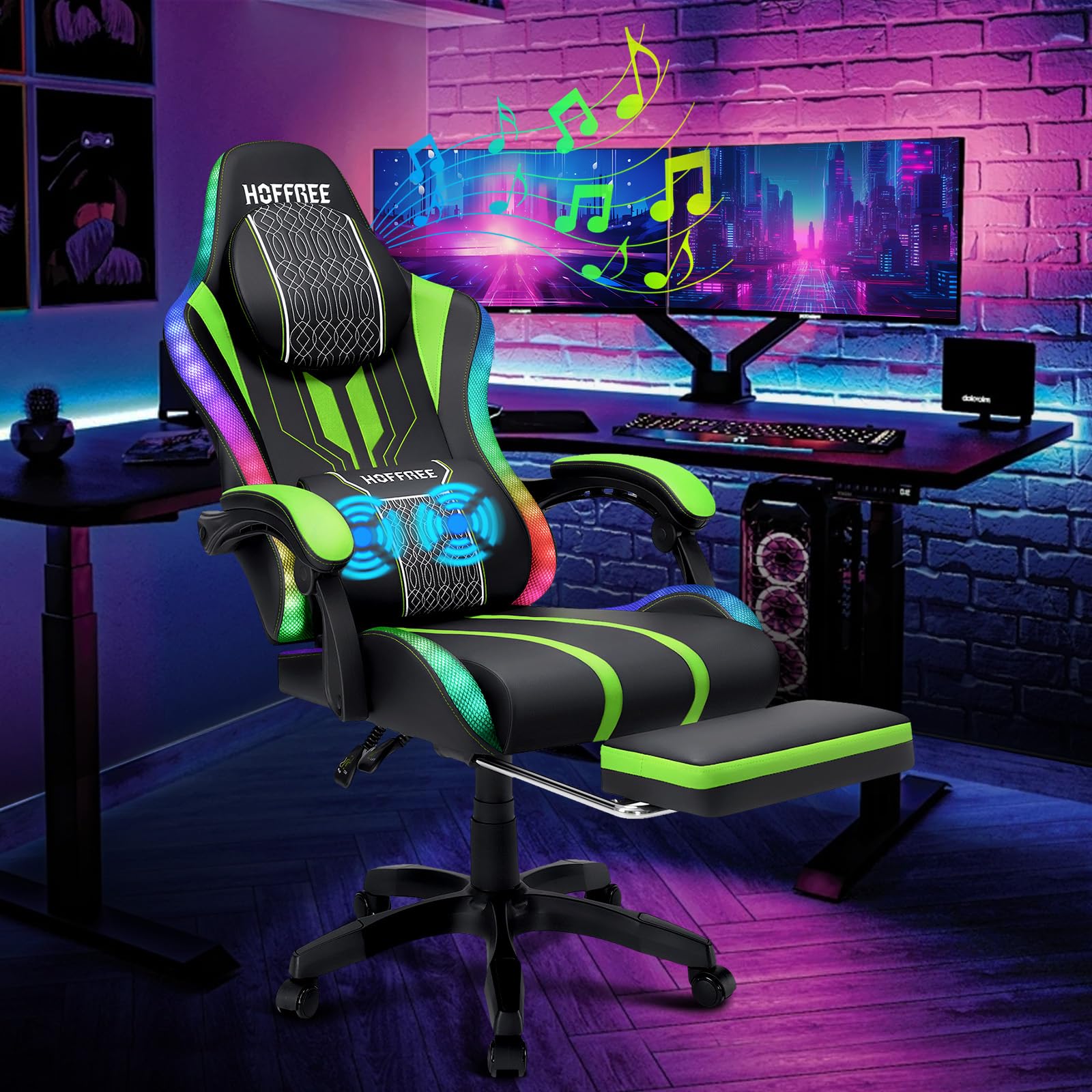 HOFFREE LED Gaming Chair with Massage & Bluetooth Speakers - Ergonomic Big and Tall PC Gaming Chair with Footrest for Adults (400lbs Capacity) - Green & Black Computer Desk Chair for Gaming, Office & Home Entertainment