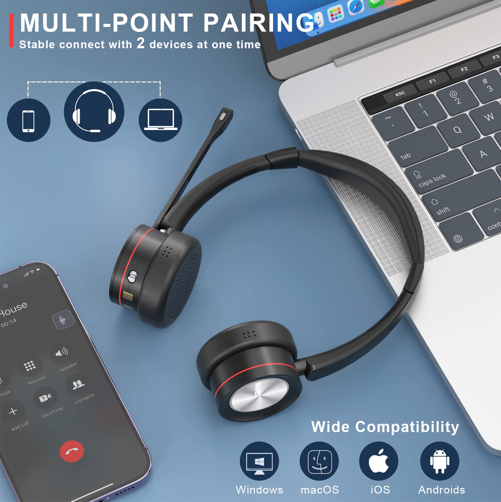 MAIRDI Wireless Bluetooth 5.2 Headset with Noise Canceling Microphone for PC - 40H Playtime, Compatible with Teams, Skype, Zoom, Jabber - Ideal for Truck Drivers, Office Work & Call Centers