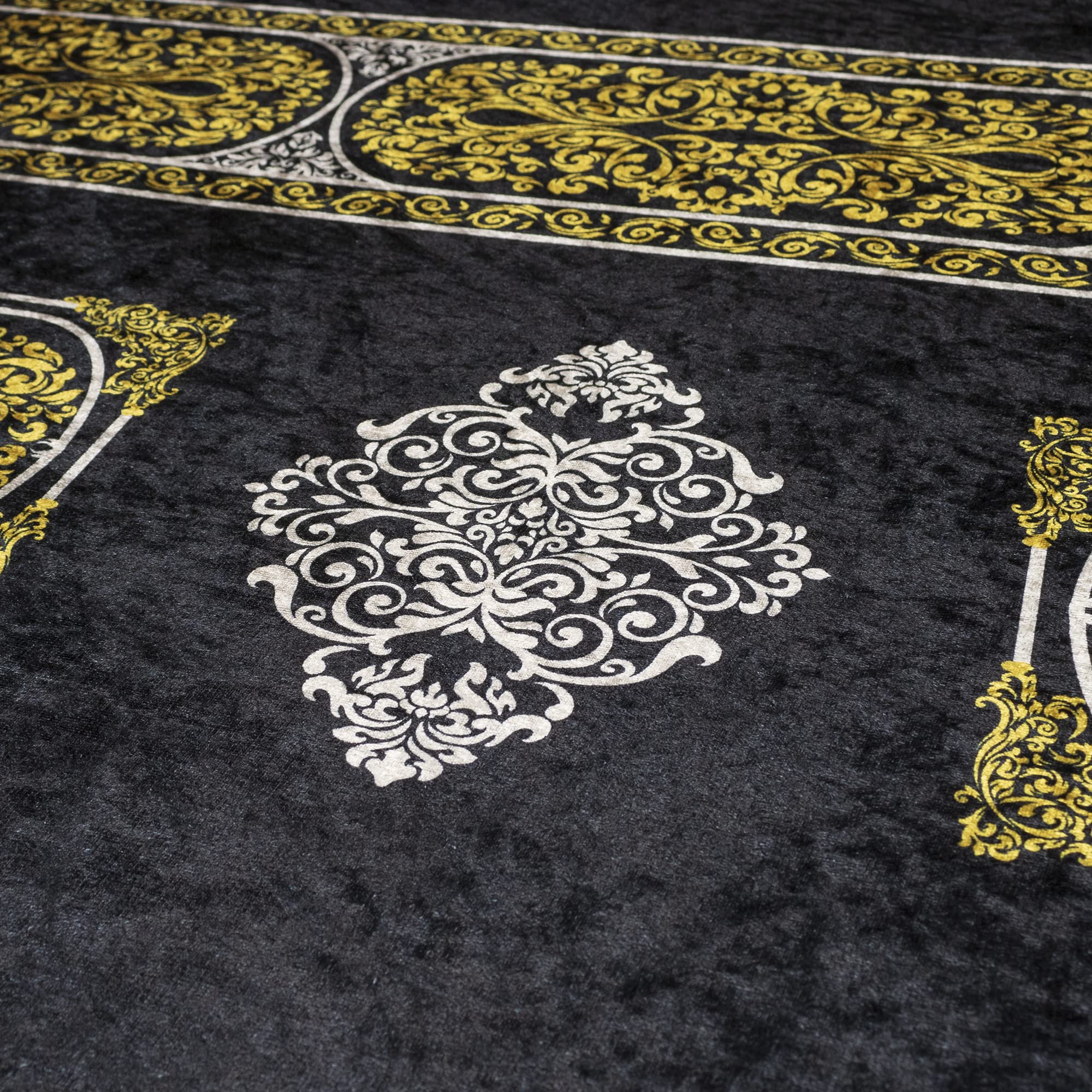 Premium Turkish Islamic Prayer Rug - Thick Padded Comfortable Muslim Prayer Mat for Men & Women | Large Luxury Foam Velvet with Meccan Digital Print in Black & Gold | Perfect for Home, Mosque & Travel Use