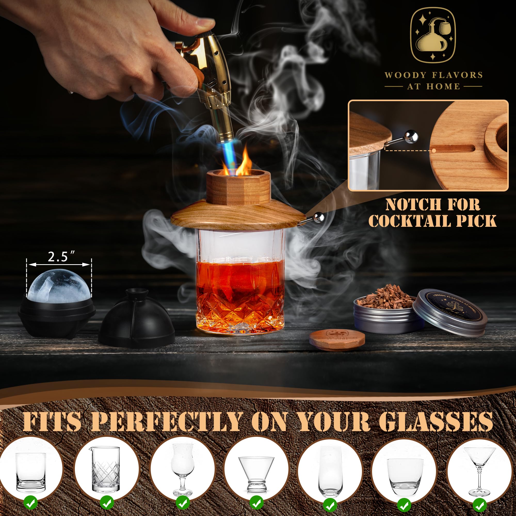Premium Old Fashioned Cocktail Smoker Kit - Whiskey & Bourbon Smoking Set with Cherry Wood Chips, Culinary Torch, Ice Spheres, 2 Coasters & 2 Glasses - Perfect for Home Bars, Cocktail Parties & Gift Giving