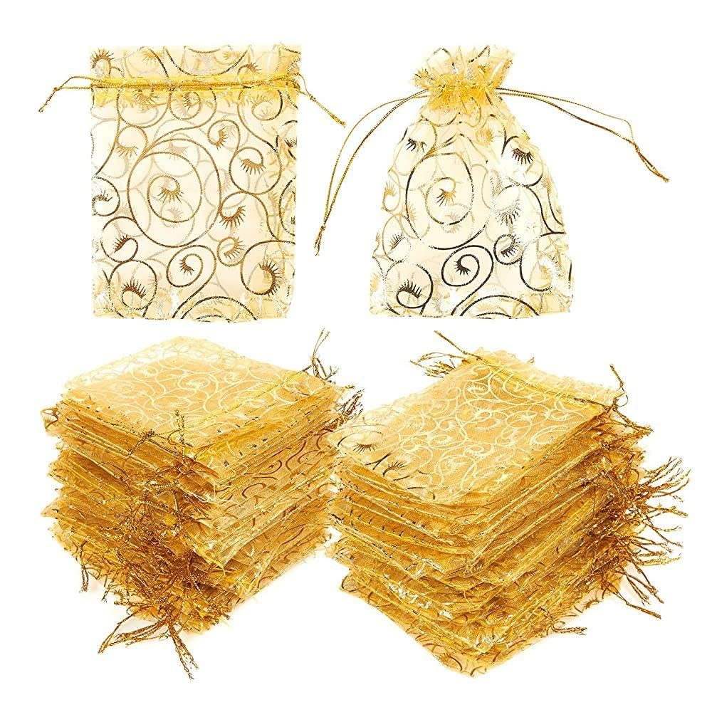 Premium Printed Golden Organza Gift Bags 6x8 Inches (50 Pack) - Elegant Drawstring Pouches for Wedding Favors, Jewelry Packaging & Party Return Gifts | Perfect for Bridal Showers, Baby Showers & Special Occasions