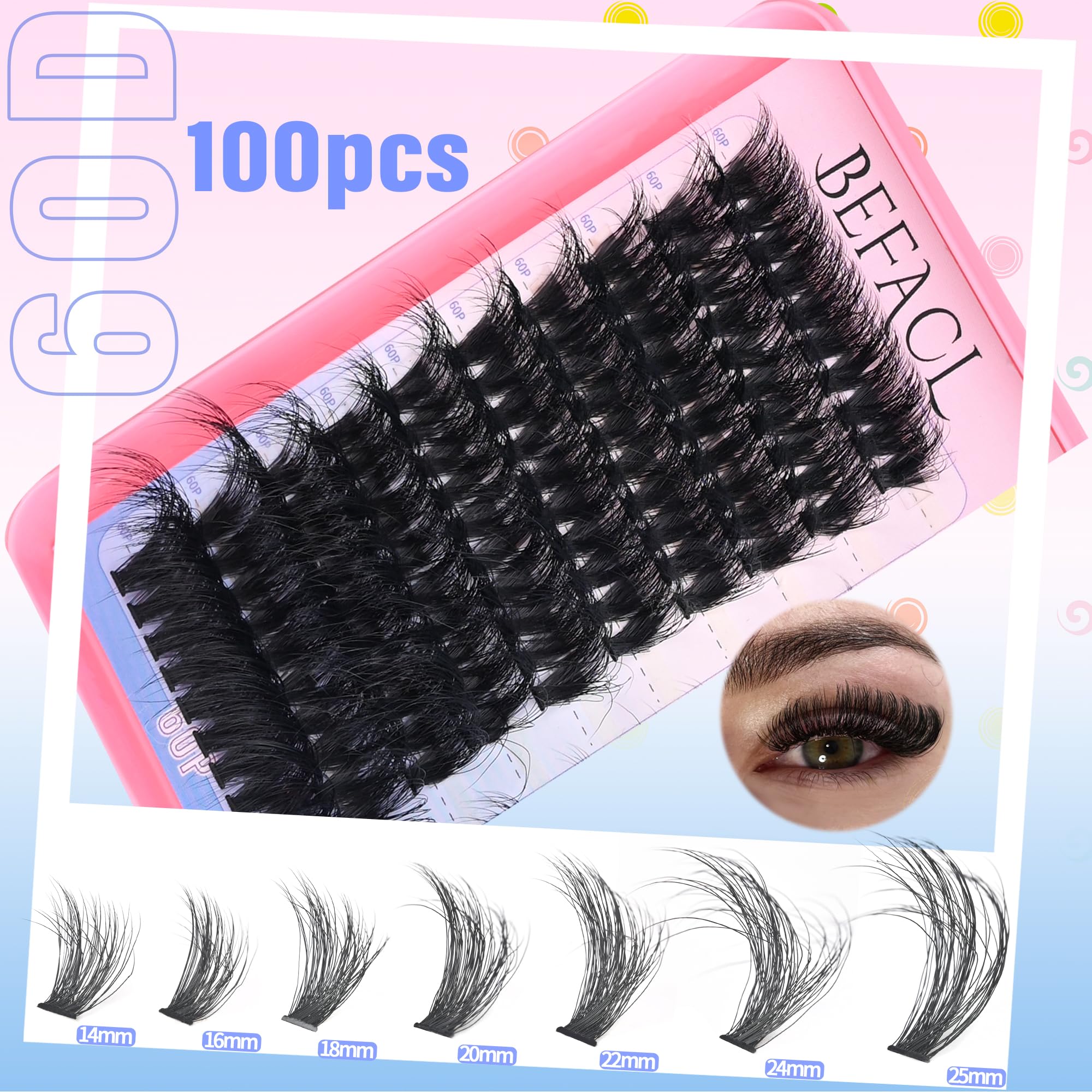 Fluffy Individual Lash Clusters - 280pcs DIY Eyelash Extensions (60P+80P+100P) in Matte Black, D Curl 14-25mm for Natural Volume - Perfect for Home Use, Parties & Special Occasions