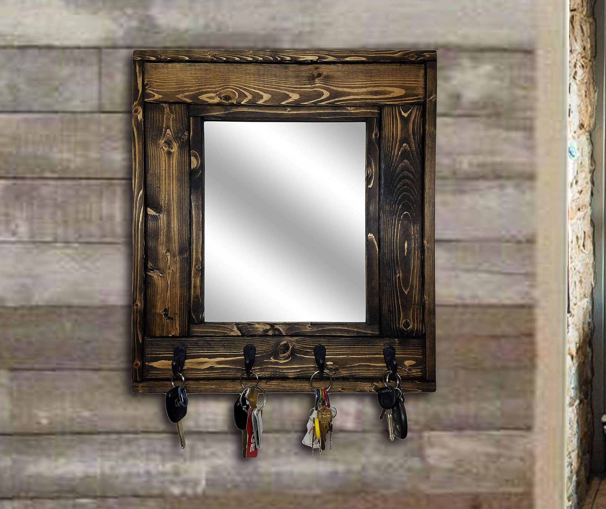 Millwood Wall Mirror with Rustic Hooks - Customizable Dark Walnut Entryway Mirror with 5 Coat Hooks - Farmhouse Decor for Hanging Keys, Hats & Jackets - Perfect for Hallway, Bedroom or Mudroom Organization
