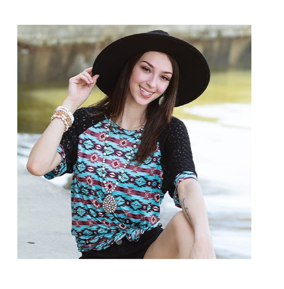 Women's Aztec Print Lace Short Sleeve Geometric Top - Blue & Black Boho Blouse for Casual Wear, Summer Outfits, and Festival Fashion | Sizes XS-L