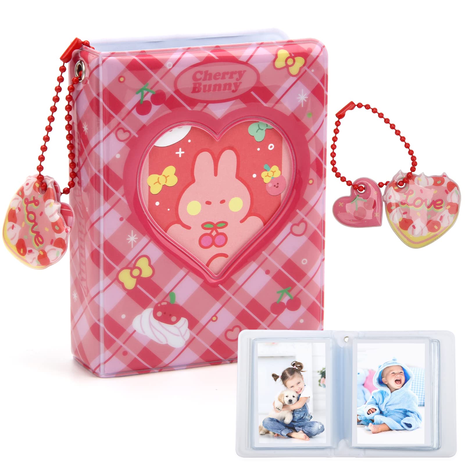 3 Inch Mini Photo Album - 40 Pocket Kpop Photocard Holder with Heart Cherry Pendant & Rabbit Card | Cute Hollow Out Binder for Collecting Pictures (Red) | Perfect for Kpop Fans, Memory Keeping, and Gift Giving