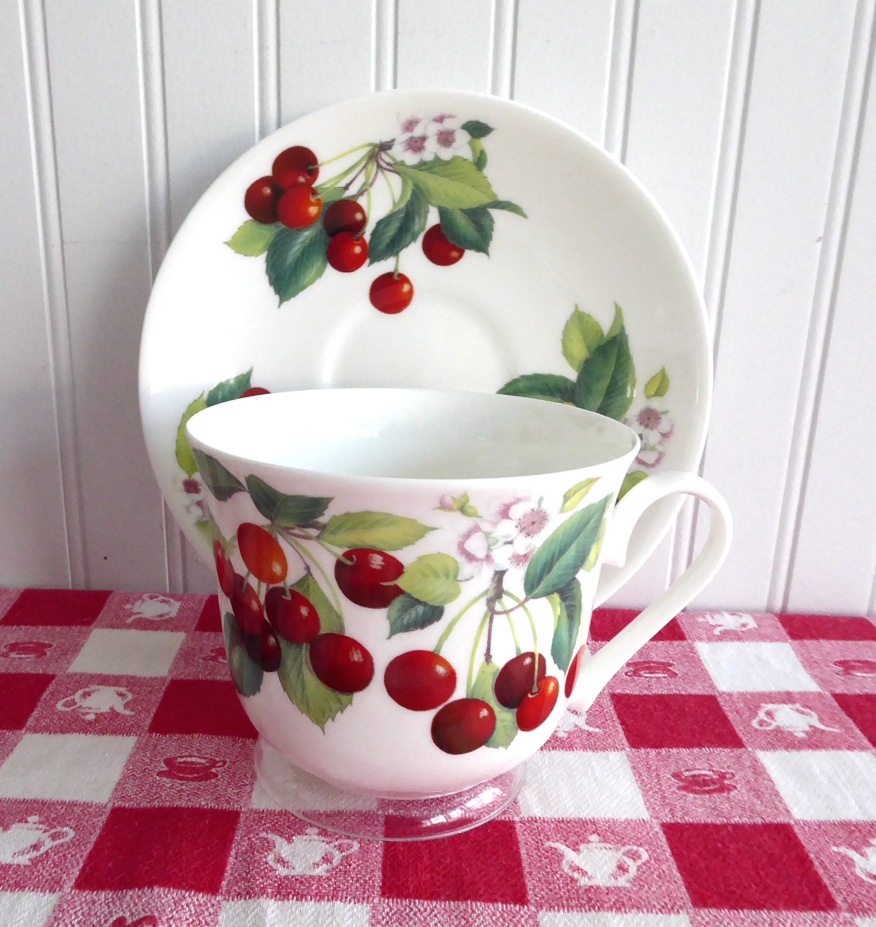 Roy Kirkham Bone China Cherry Breakfast Cup and Saucer Set - Large Red Cherry Design for Tea, Coffee, and Elegant Morning Dining