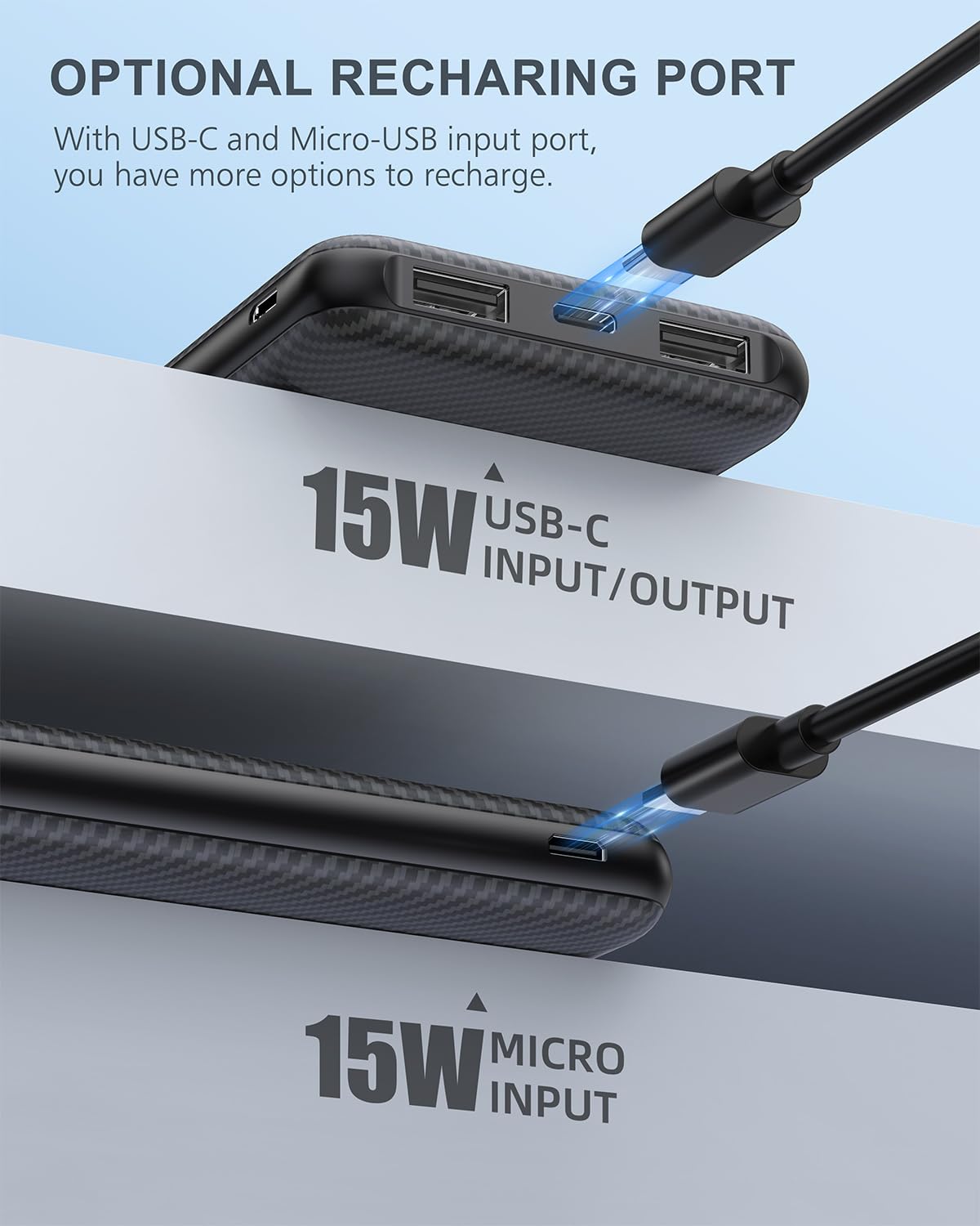 MOXNICE 10000mAh Slim Power Bank - Dual USB & USB-C Portable Charger for iPhone 16/15/14/13/12, Galaxy S24/S23/S22, iPad, Pixel - Fast Charging Battery Pack for Travel, Camping & Emergency (Black)