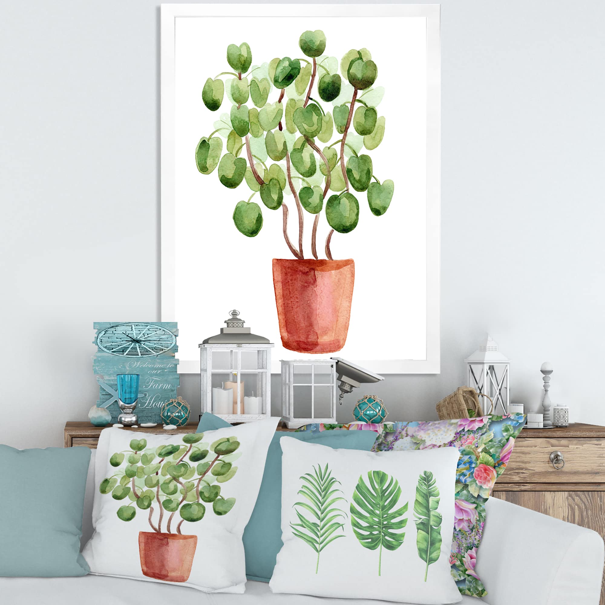 Chinese Money Plant in Ceramic Pot - Traditional Framed Wall Art Decor for Home & Office | Perfect for Living Room, Bedroom, or Gift