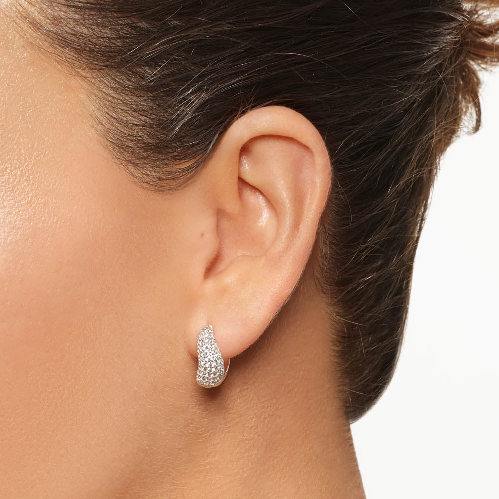 Sterling Silver Midi White Topaz Pave Wave Dome Huggie Earrings for Women - Elegant Everyday Jewelry for Work, Date Night & Special Occasions