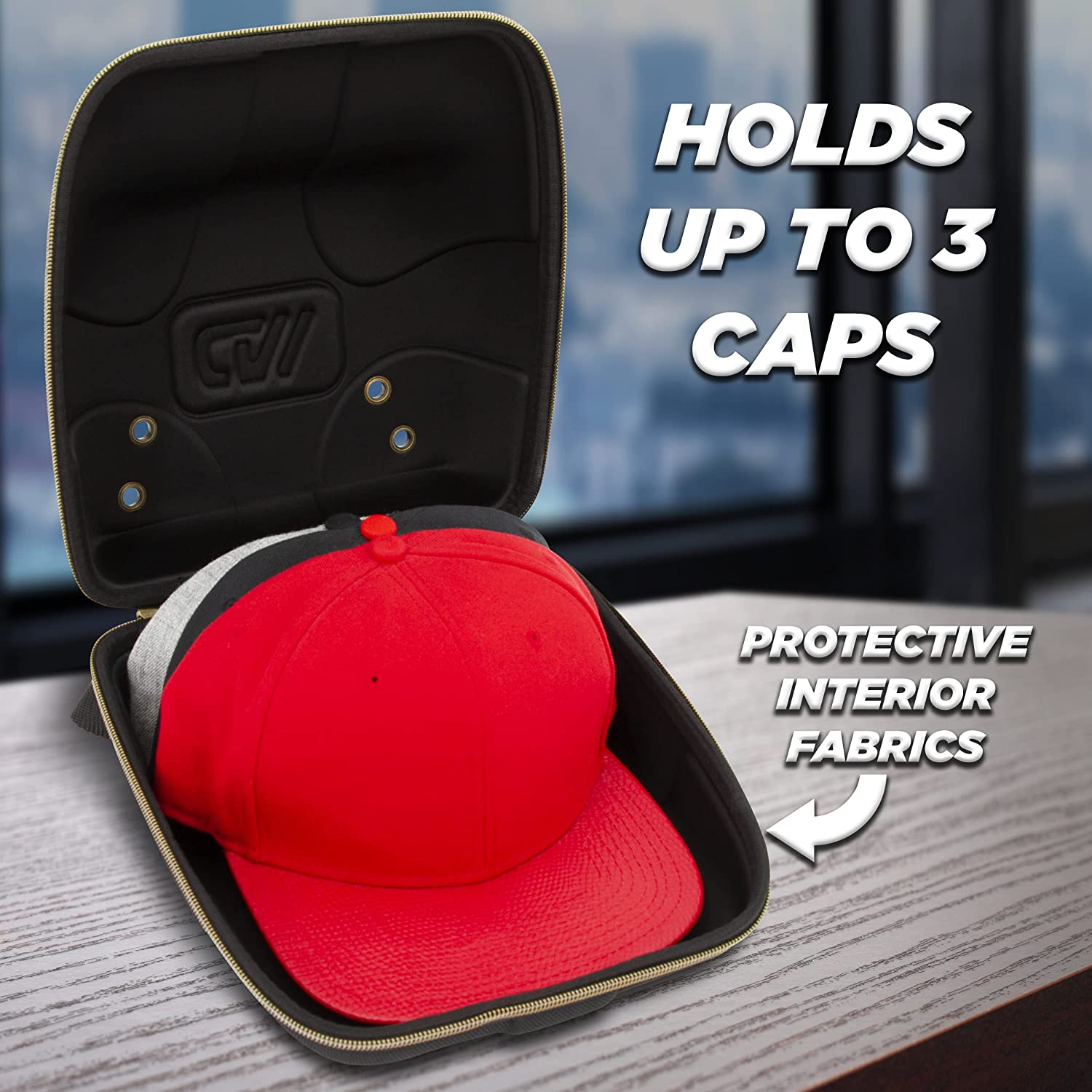 CASEMATIX Hard Shell Baseball Cap Travel Case - Holds 4 Hats with Carabiner & Handle - Portable Hat Storage Organizer for Travel, Sports, and Outdoor Adventures