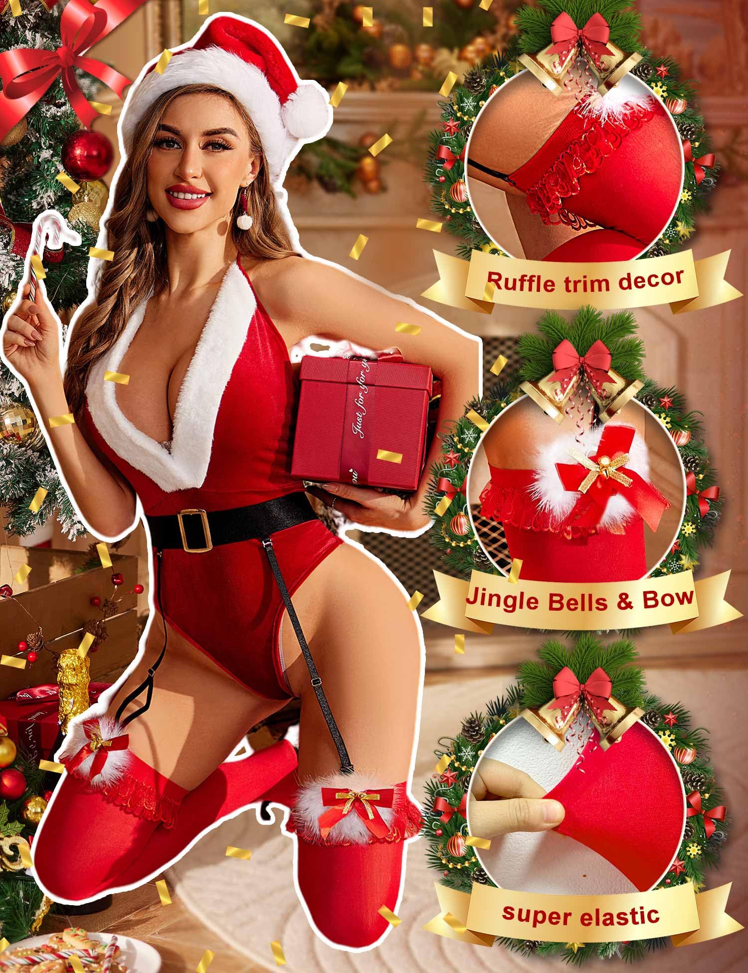 RSLOVE Women's Sexy Santa Christmas Thigh High Fishnet Stockings - Red Lingerie Hosiery Pantyhose for Holiday Parties & Festive Outfits