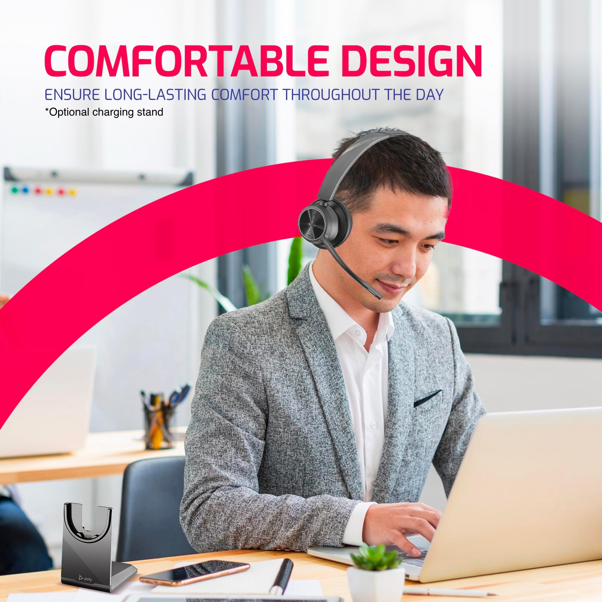 Poly Voyager 4310 UC Wireless Bluetooth Mono Headset with USB-C - Noise Cancelling Headset for Teams, Zoom, RingCentral | Compatible with Deskphone, PC & Mac | Includes Global Teck Microfiber Cloth - Perfect for Remote Work, Call Centers & Business Communications