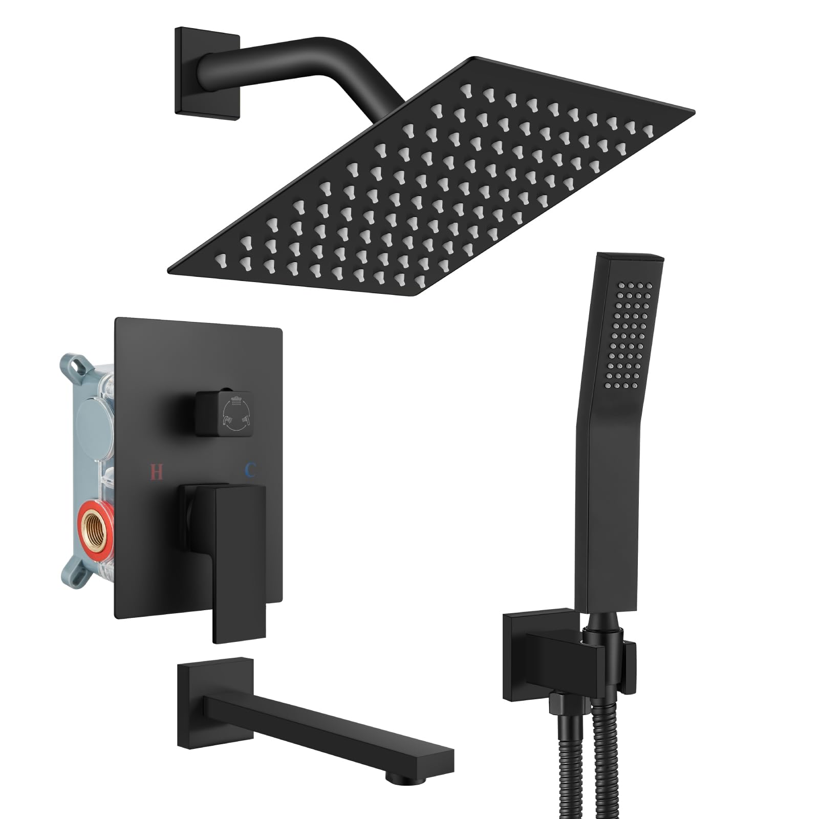 Gotonovo 3-Function Wall Mounted Shower Faucet Combo Set - 8 Inch Matte Black Rainfall Shower Head with Handheld Spray, Tub Spout & Rough-in Valve Trim Kit for Bathroom Renovation & Spa-Like Experience