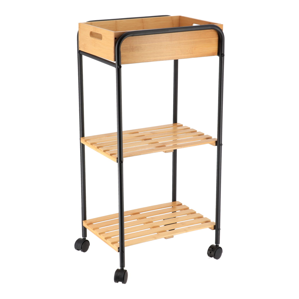 Black Bamboo & Metal Rolling Trolley/Sideboard with Wheels - Perfect for Kitchen, Bar, or Living Room Storage & Serving