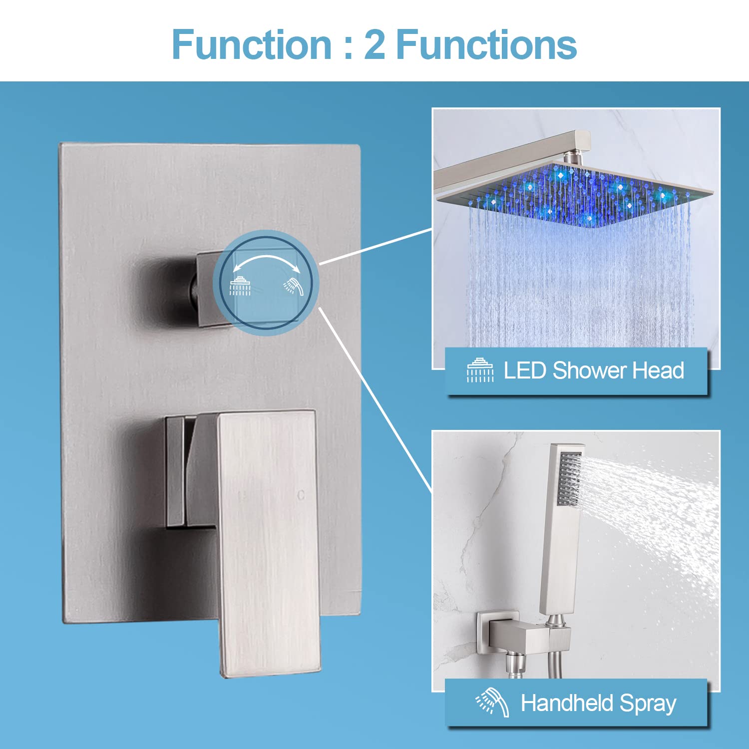LED Shower Faucet Set - 10 Inch Wall Mounted Rain Shower Head with High Flow Hand Shower, Brushed Nickel Finish - Complete Shower System with Rough-in Valve & Trim Kit - Perfect for Modern Bathrooms & Spa-Like Shower Experience