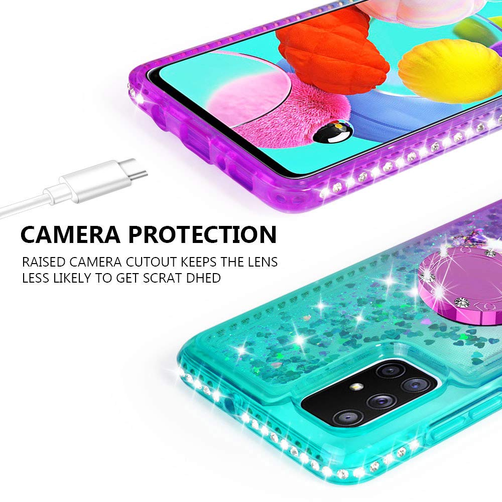 SOGA Rhinestone Liquid Quicksand Phone Case for Samsung Galaxy M51 - Sparkly Purple & Teal Glitter Cover with Embedded Ring for Magnetic Car Mount & Lanyard - Perfect for Girls, Teens & Women | Fashion Accessory for Everyday Use, Work & Parties