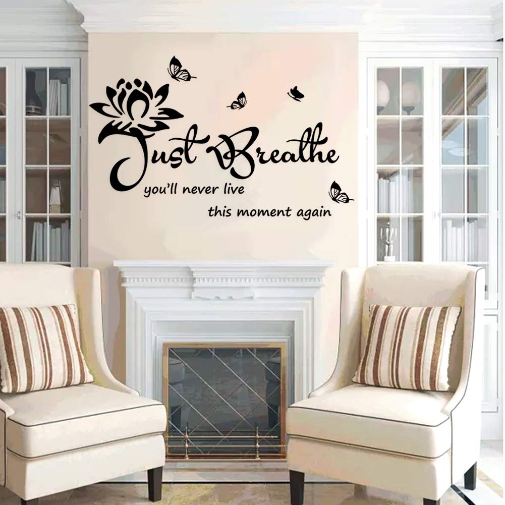 Vinyl Wall Stickers - Inspirational Just Breathe Quote Decals for Living Room, Bedroom, Nursery & Yoga Space - Waterproof Home Wall Art Decor for Relaxation & Meditation Areas