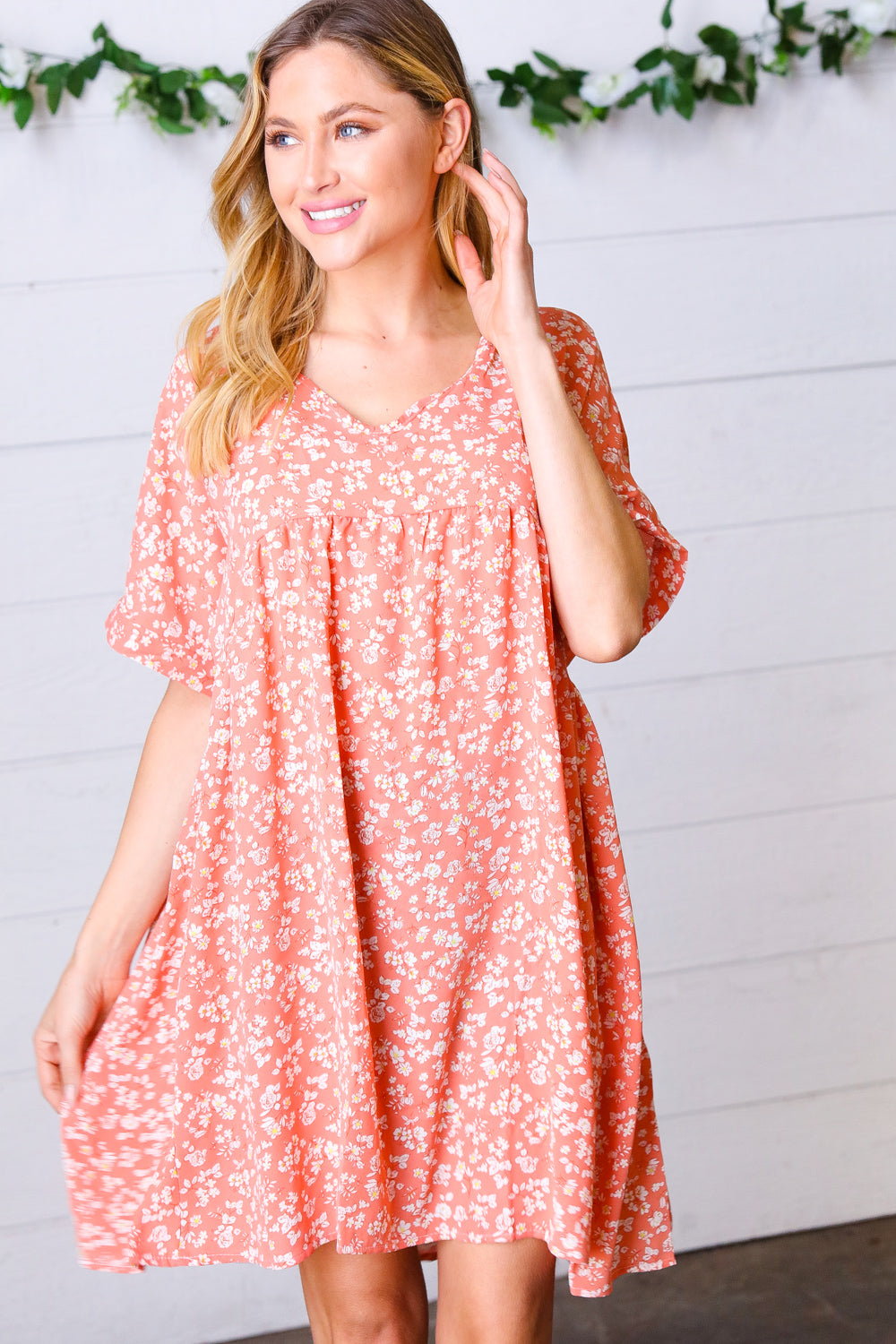 Peach Ditzy Floral Woven Dolman V-Neck Dress for Women - Summer Boho Casual Sundress for Beach, Vacation & Outdoor Parties