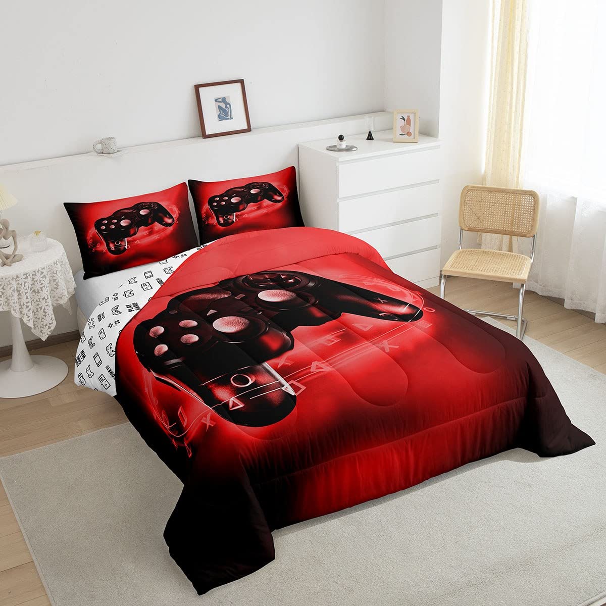 Feelyou Gaming Comforter Set - Video Game Themed Bedding for Teens & Boys - Red & Black Gamer Duvet Cover with Controller Design - Full/Queen Size Comforter & 2 Pillowcases - Perfect for Gaming Rooms, Teen Bedrooms & Sleepovers