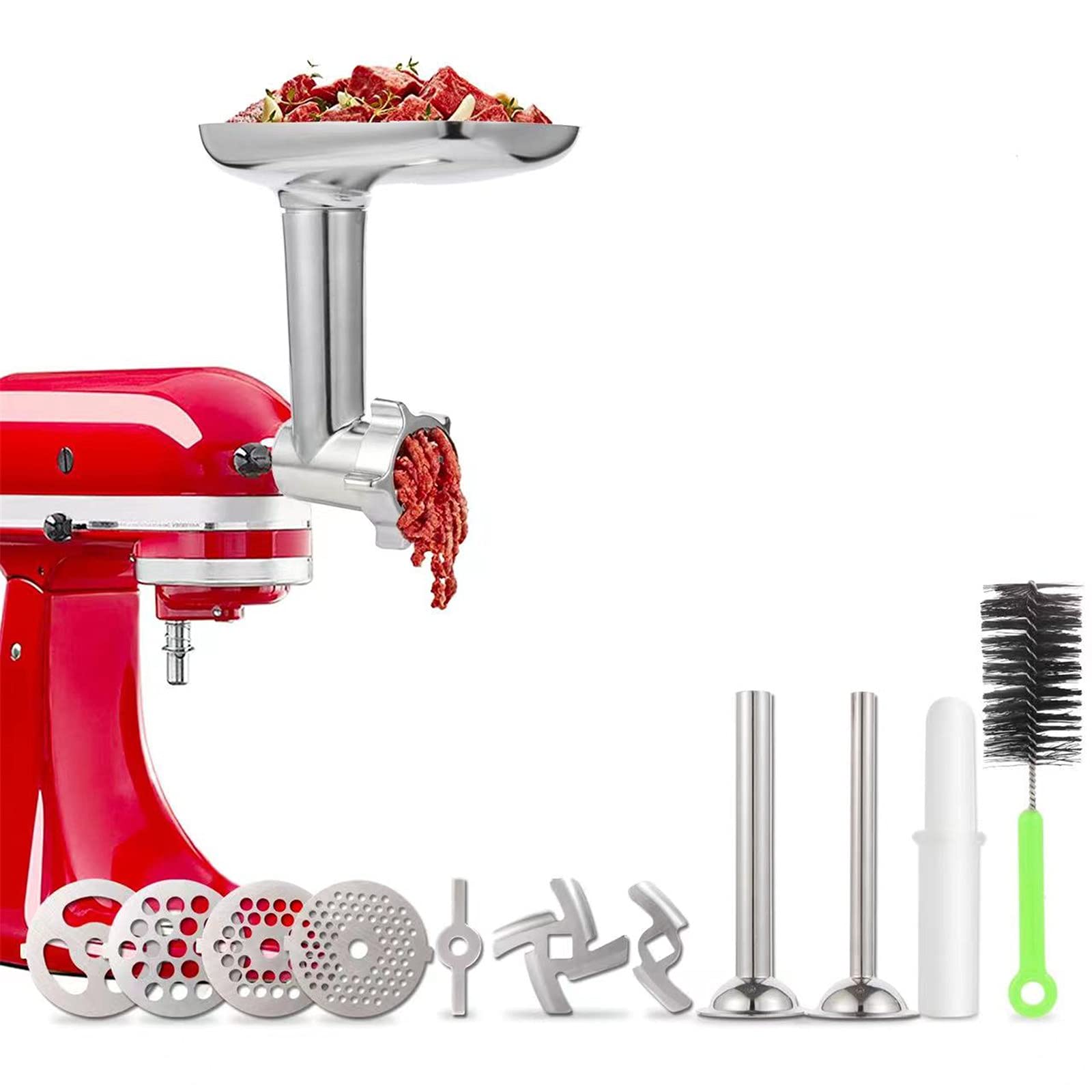 KitchenAid Stand Mixer Meat Grinder Attachment - Heavy Duty Metal Food Grinder with 2 Sausage Stuffer Tubes | Perfect for Homemade Burgers, Sausages & Ground Meat | Kitchood Silver Kitchen Accessory