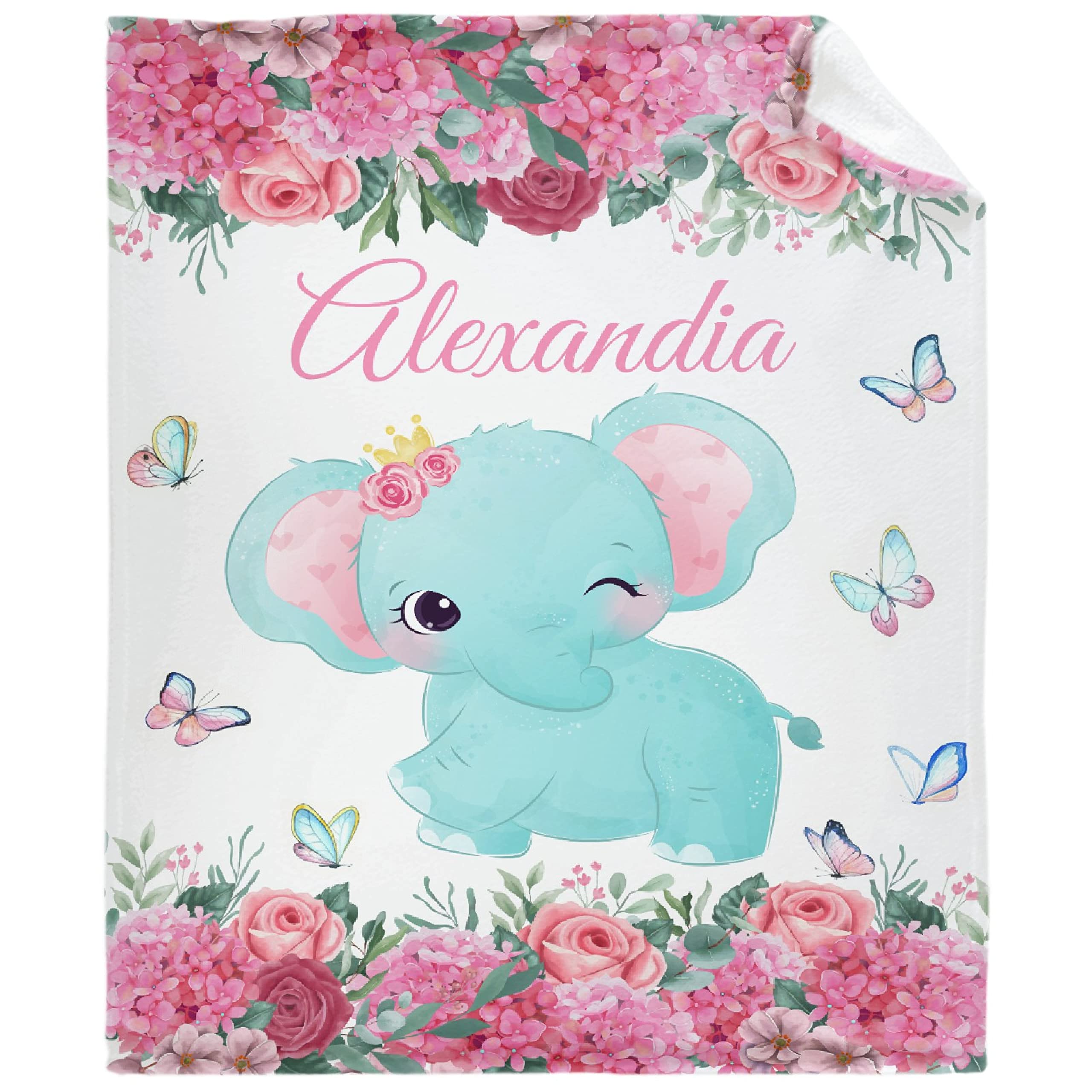 Personalized Baby Blankets for Girls & Boys - Custom Name Baby Blanket Gift | Soft Cozy Plush Fleece Throw with Elephant & Butterfly Designs | Pink Rose Quilt for Newborns (XL Size) - Perfect for Nursery, Christening & Baby Showers