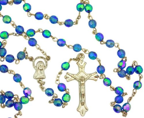 Catholic Rosary with Virgin Mary Center - 6MM Light Blue Aurora Borealis Glass Beads for Prayer & Meditation | Perfect for Gifts, Church Use & Personal Devotion