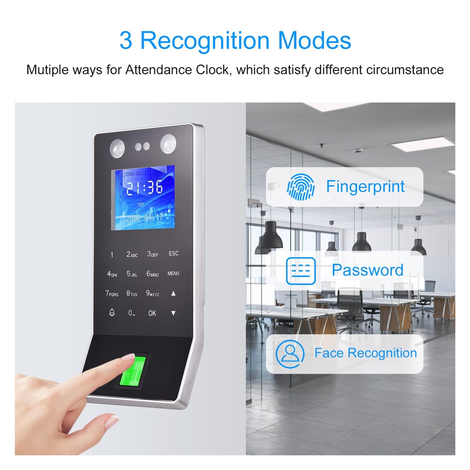 Biometric Time Clock - Face Recognition & Fingerprint Attendance System with Password Access for Employee Check-In | Ideal for Offices, Schools, and Secure Facilities