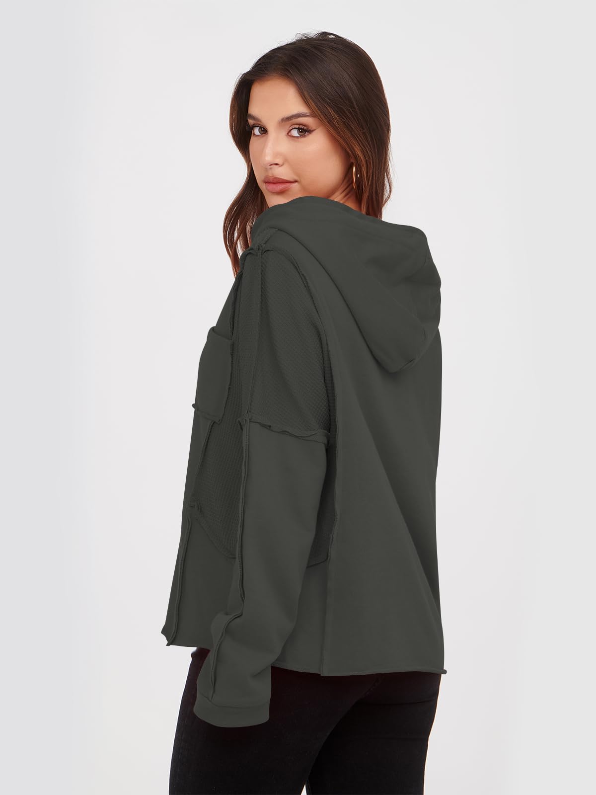 Poetsky Women's Casual V-Neck Waffle Knit Patchwork Hoodie - Loose Fit Long Sleeve Oversized Pullover Sweatshirt with Pocket | Cozy Fall & Winter Layering, Streetwear Fashion, Lounge Wear