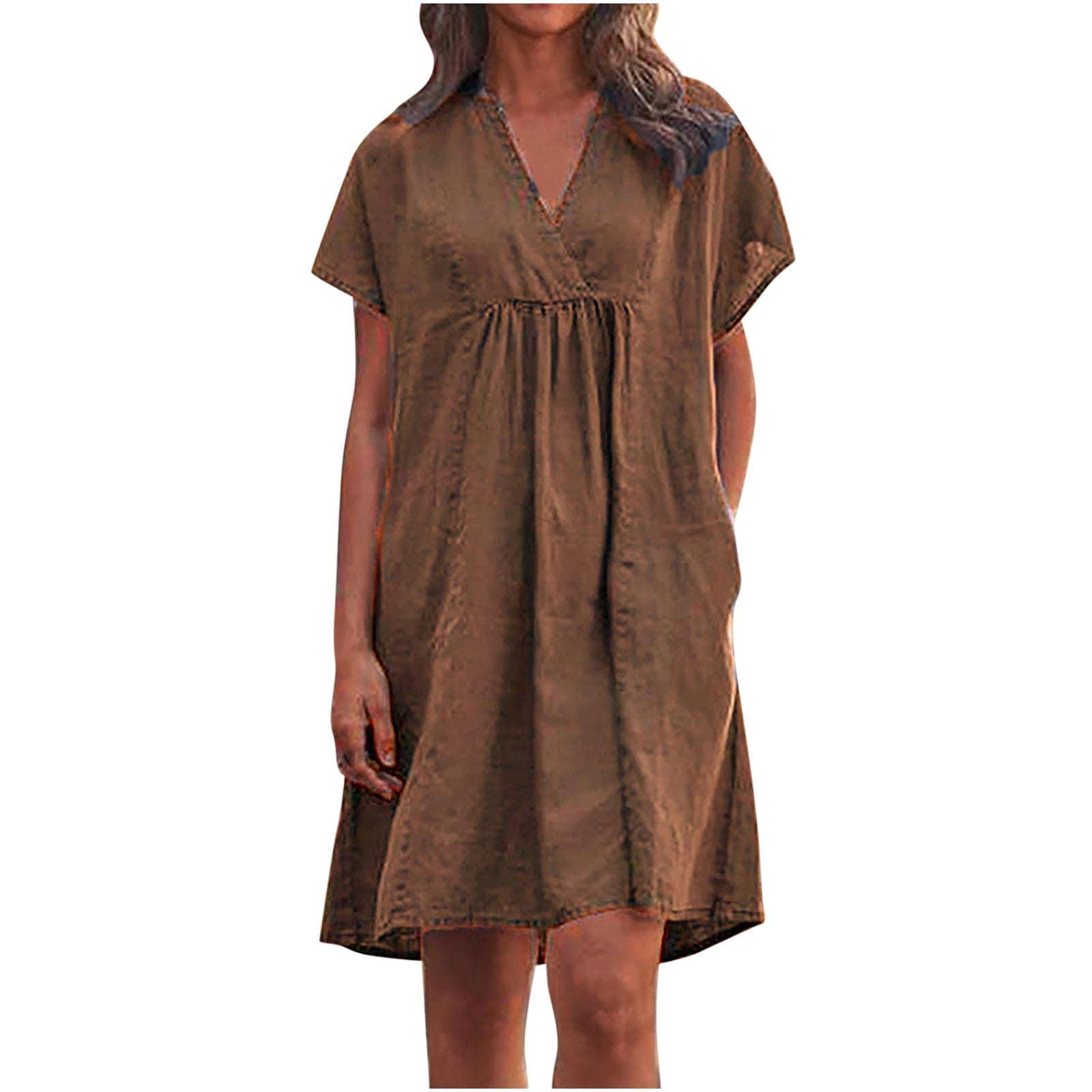 Women's Summer Cotton Linen Wrap Dress - Plus Size Short Sleeve V-Neck Mini Dress with Pleats | Casual Beach Wear, Vacation Outfit & Everyday Summer Dress