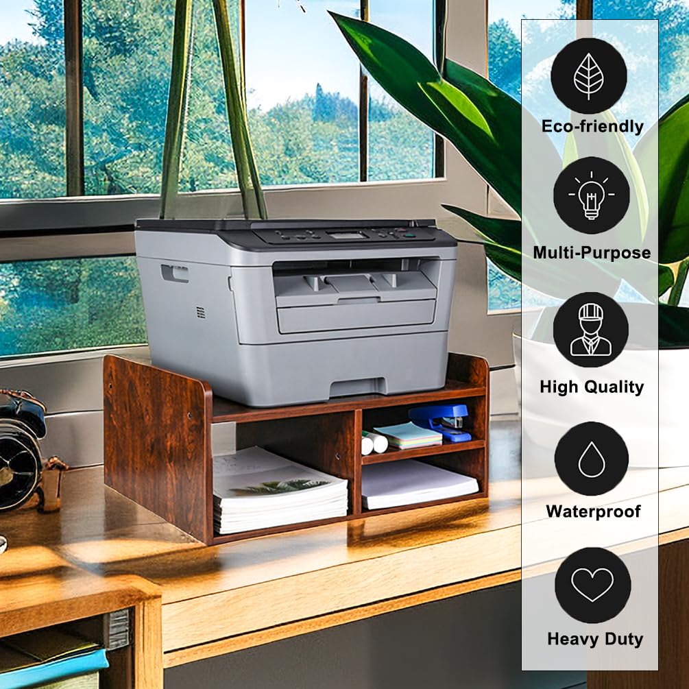Wooden Printer Stand with Storage - Desktop Paper Organizer for Home & Office - Retro Brown Wood Printer Rack - Perfect for Workspace & Office Organization
