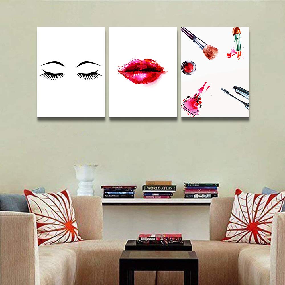 Modern Canvas Wall Art Set of 3 - Lips Makeup Painting for Girls Room, Bedroom, Bathroom & Living Room Decor | Framed Office Wall Decorations | Home Decor Wall Pictures for Kitchen & Housewarming Gifts