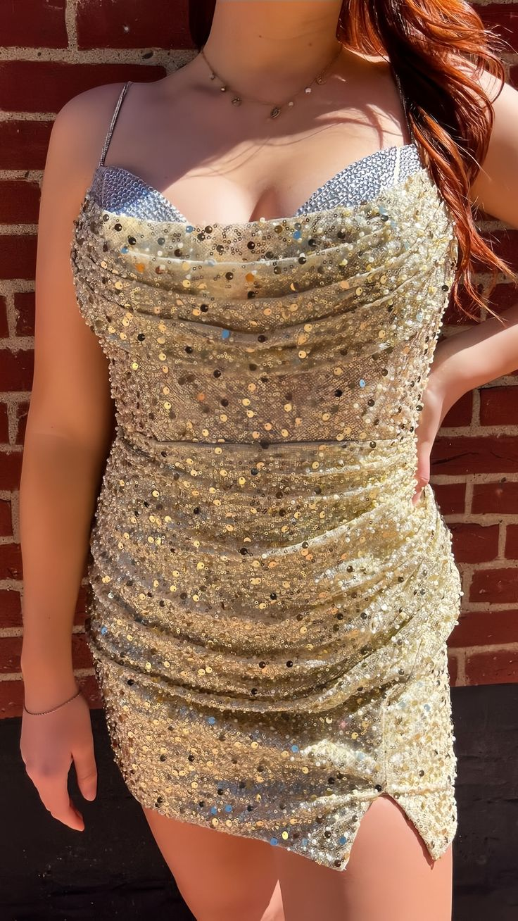 Gold Sequin Sheath Homecoming Dress - Beaded Short Prom Dress for Women (Style J4906) | Perfect for Homecoming, Prom, Cocktail Parties & Special Occasions