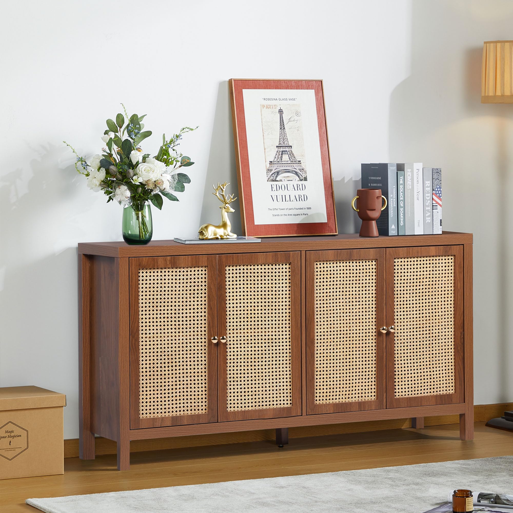 QHITTY Rattan Sideboard Buffet Cabinet with 4 Doors & Adjustable Shelves - Kitchen, Dining Room Storage Console Table for Living Room, Hallway - Walnut Finish | Perfect for Home Organization & Entertaining Guests