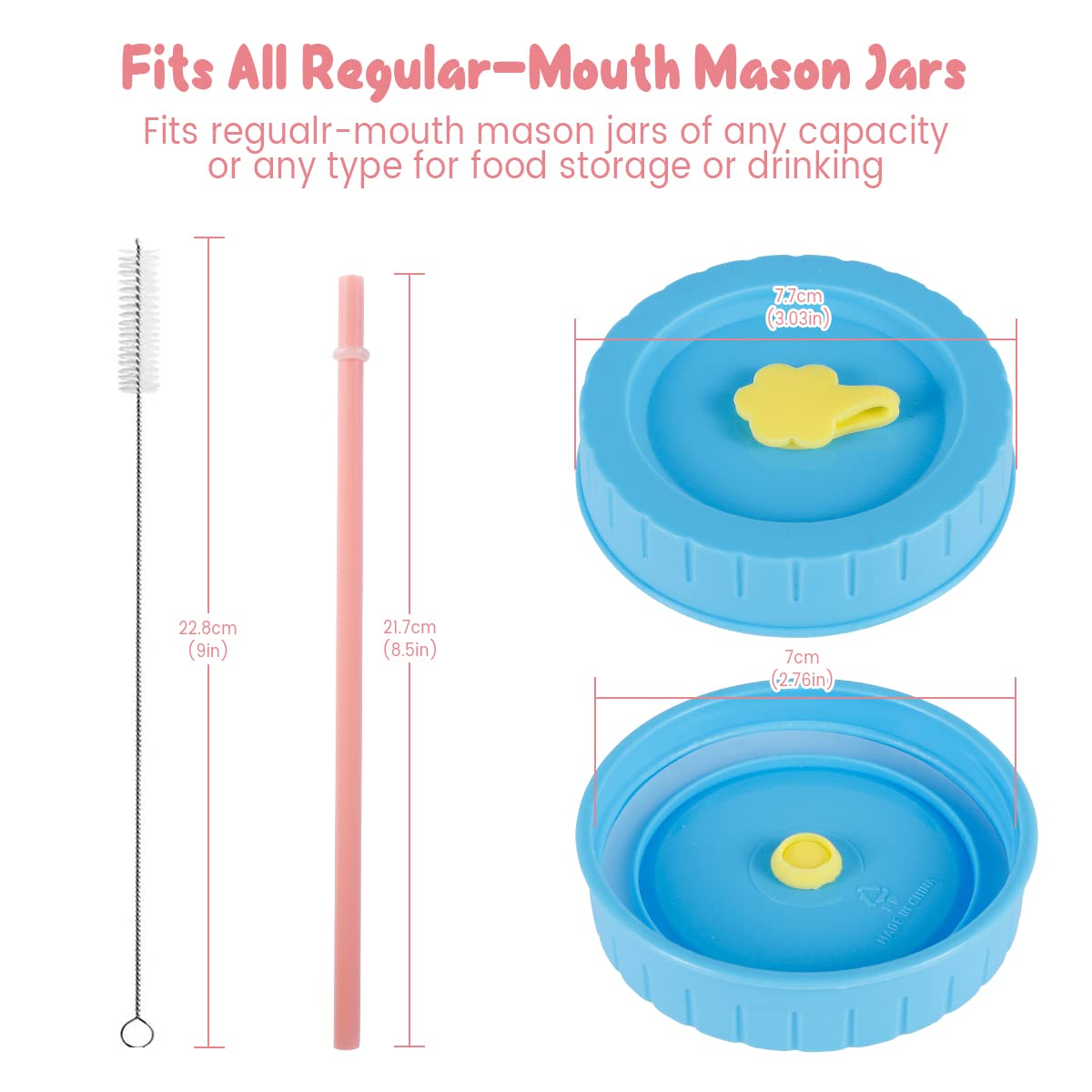 12-Piece Colorful Plastic Jar Lids Set - BPA Free, Fits 70mm Wide Mouth Silicone Canning Jars - Includes Straw Hole Cleaning Brushes & Straws - Perfect for Food Storage, Meal Prep, and On-the-Go Drinks