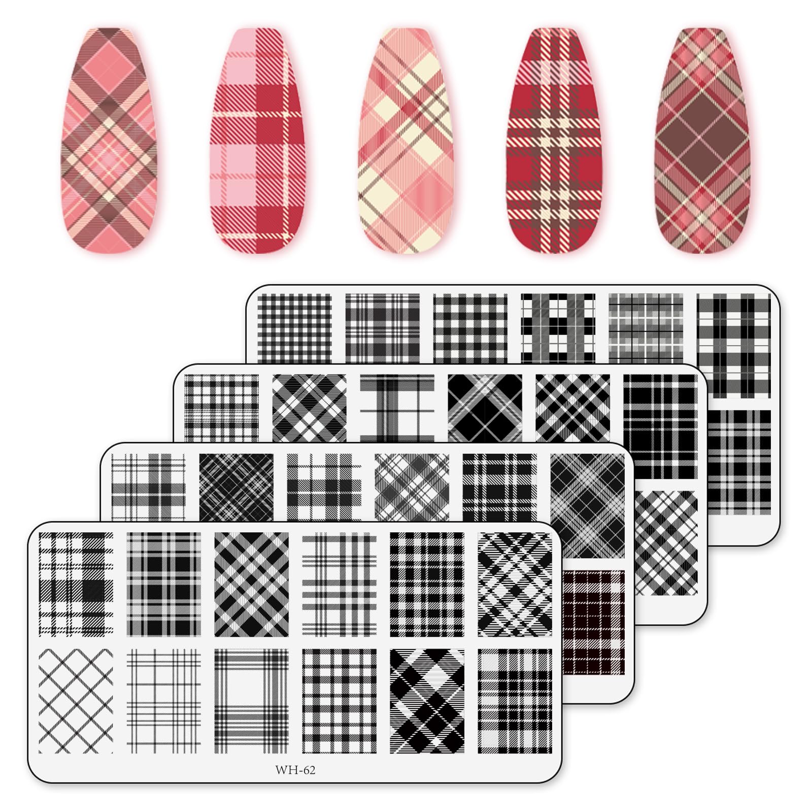4 Sheet Plaid Nail Art Stamping Plates Kit - Rectangle DIY Nail Design Plates with Argyle & Fashion Patterns for Manicure & Salon Use | Perfect for Nail Art Enthusiasts & Professional Stylists