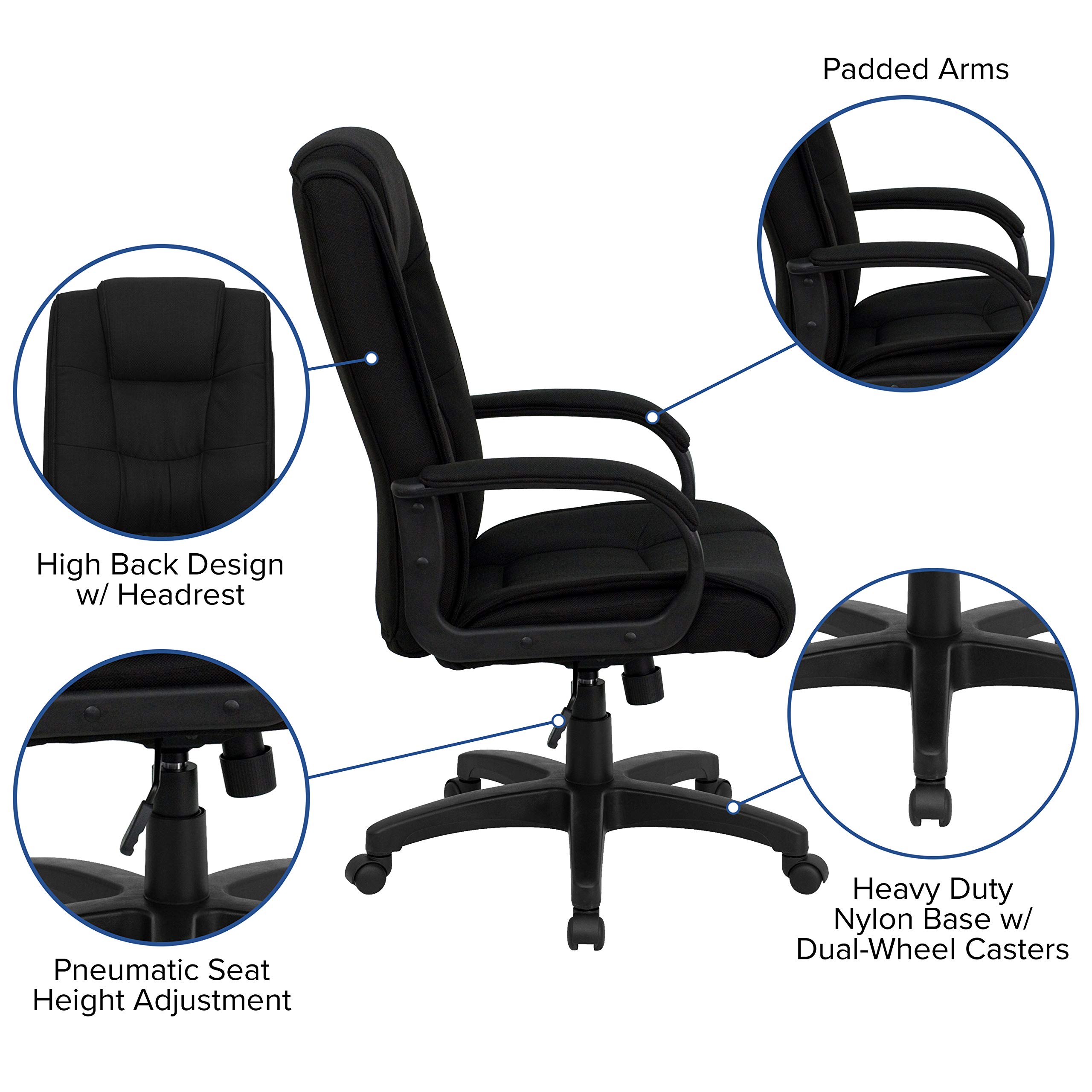 Ergonomic High Back Black Fabric Office Chair with Multi-Line Stitch & Swivel Base - Adjustable Arms for Home & Workspace Comfort