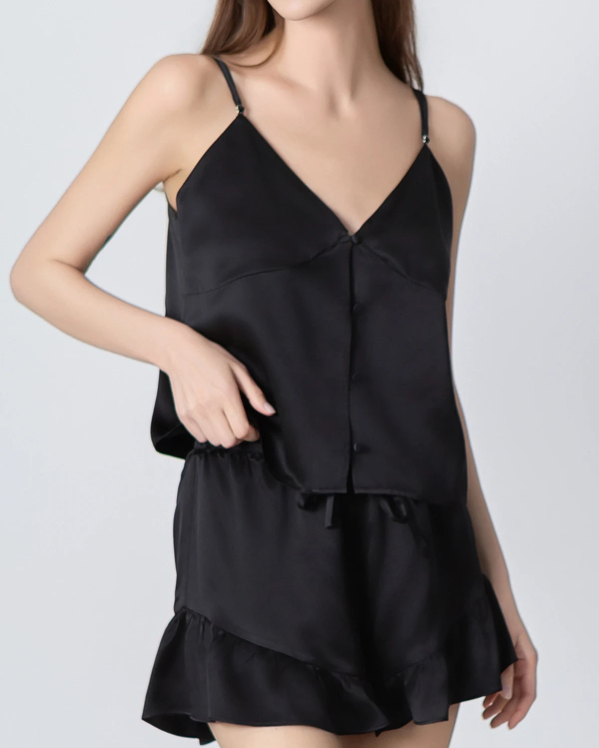 Silk Pajama Set for Women - V-Neck Front Open Camisole & Shorts - Luxurious Sleepwear for Comfortable Nights & Relaxing at Home