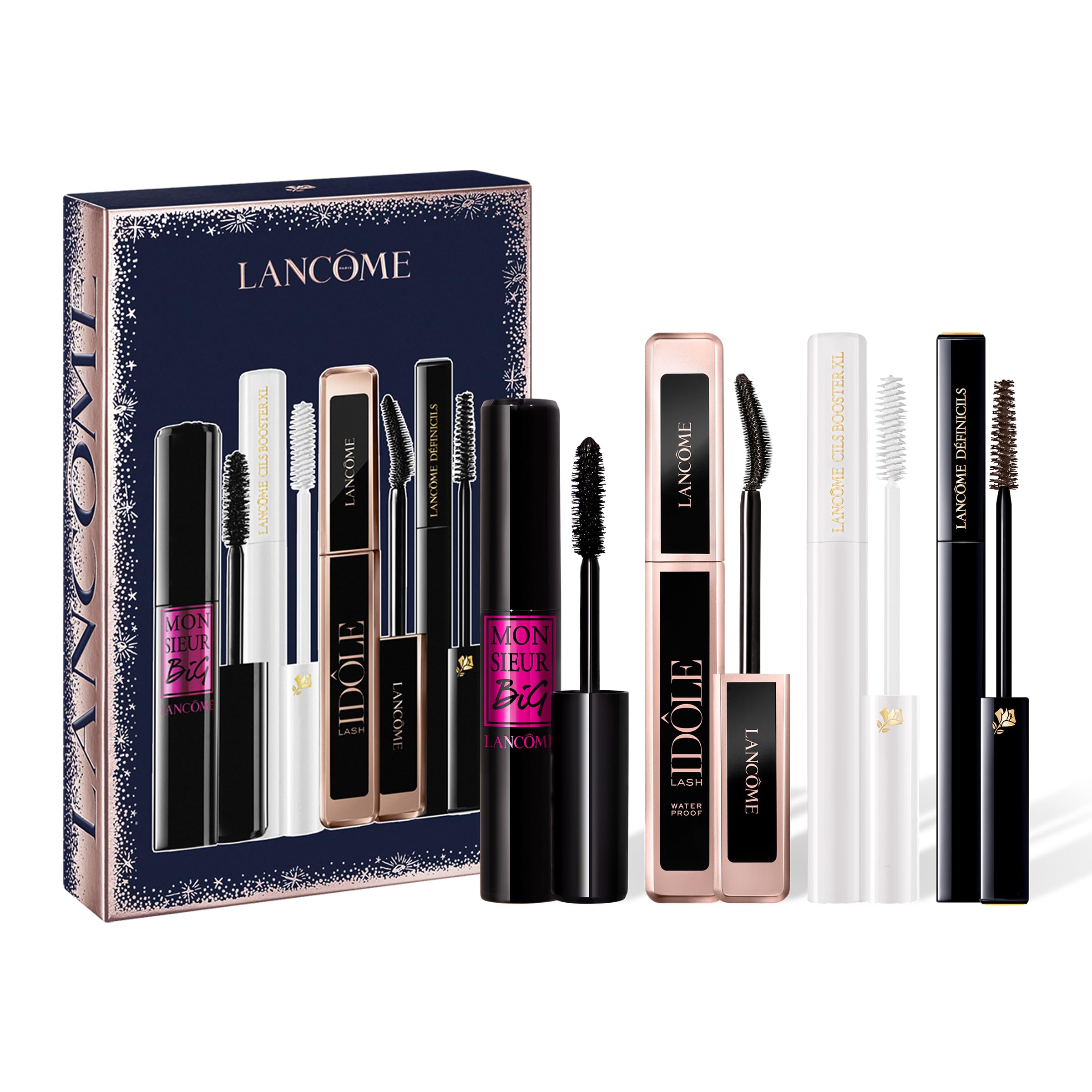 Lancôme Mascara Gift Set - Full Size Lash Idôle, Monsieur Big, Définicils & Cils Booster - Limited Edition Volumizing & Lengthening Mascara Trio for Dramatic Lashes - Perfect for Weddings, Parties & Special Occasions