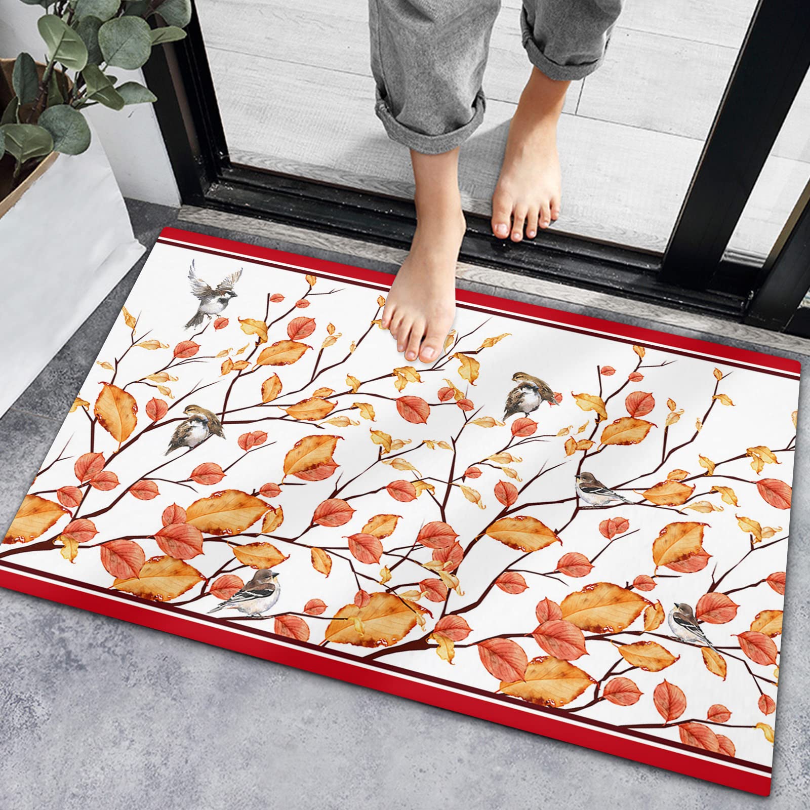 Non-Slip Fall Leaves Welcome Doormat - Watercolor Plant Design Indoor/Outdoor Entrance Mat for Front Door, Bathroom, Bedroom & Living Room - Perfect for Home Decor & Seasonal Greetings