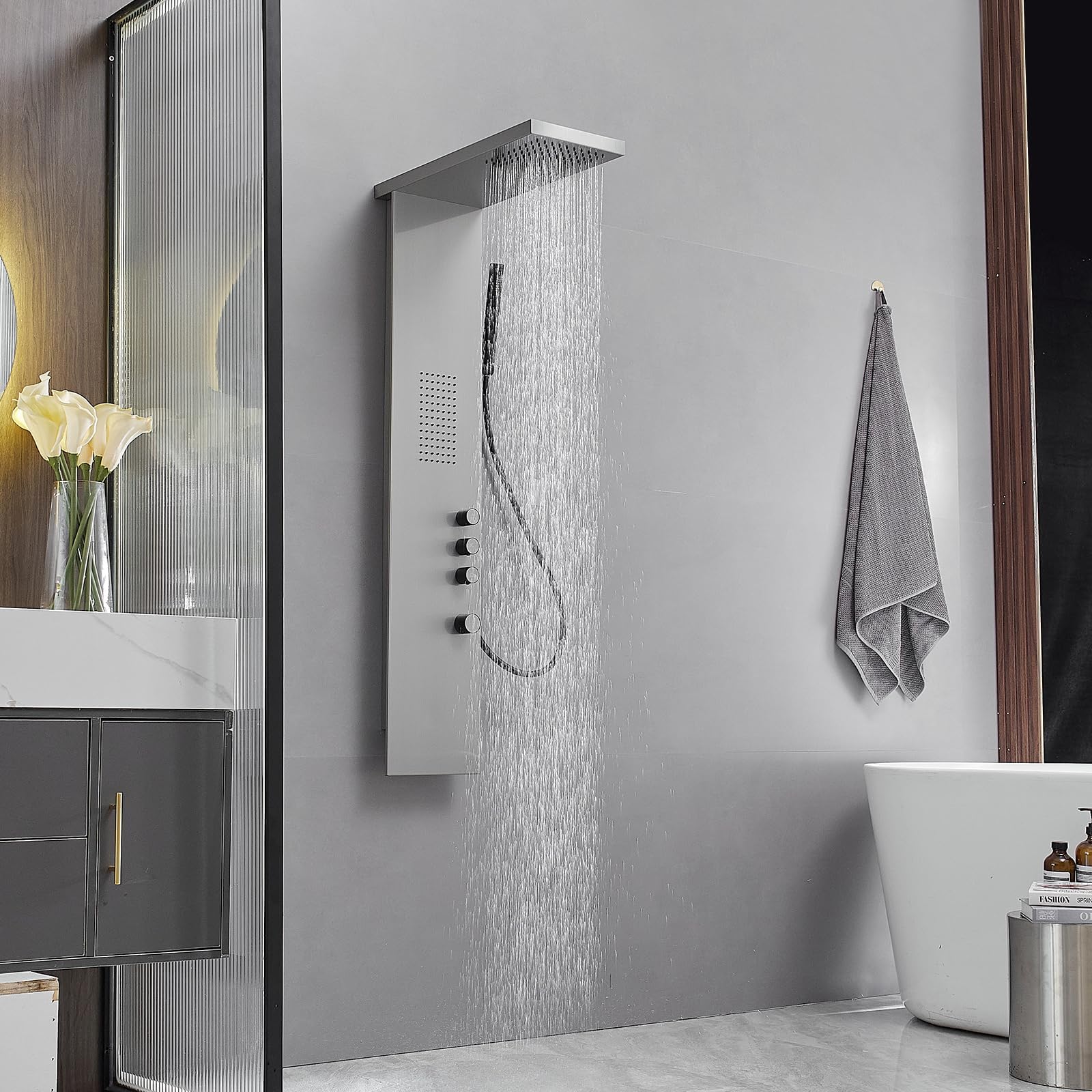 Brushed Nickel Shower Panel Tower System with Rainfall Shower Head & Handheld Wand - Multi-Function Large Area Massage Jets for Home & Hotel Use - Perfect for Spa-Like Relaxation and Luxury Bathroom Upgrades