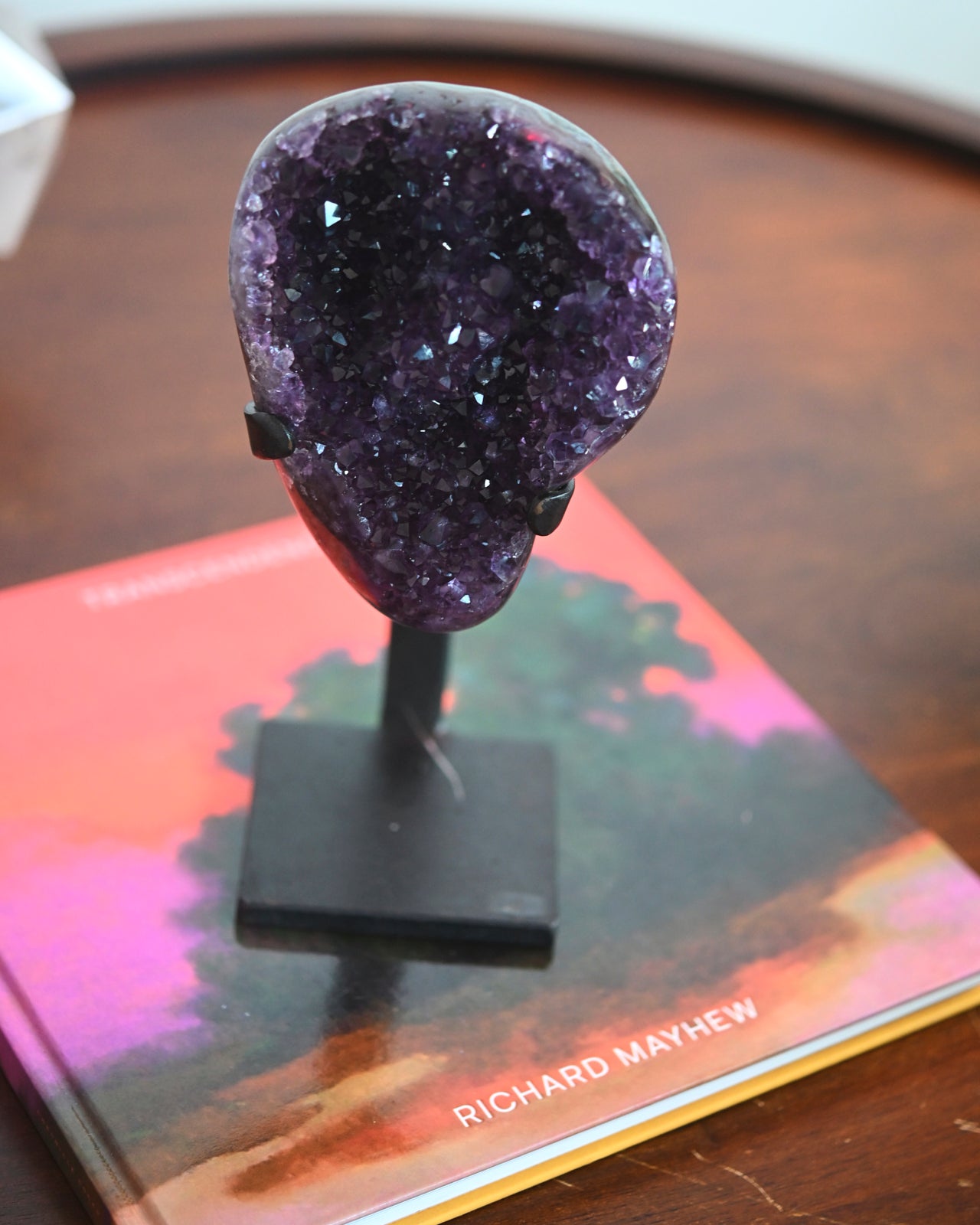 Natural Amethyst Crystal Geode on Wooden Stand - 2.8lbs Healing Stone for Home Decor, Meditation & Spiritual Gifts