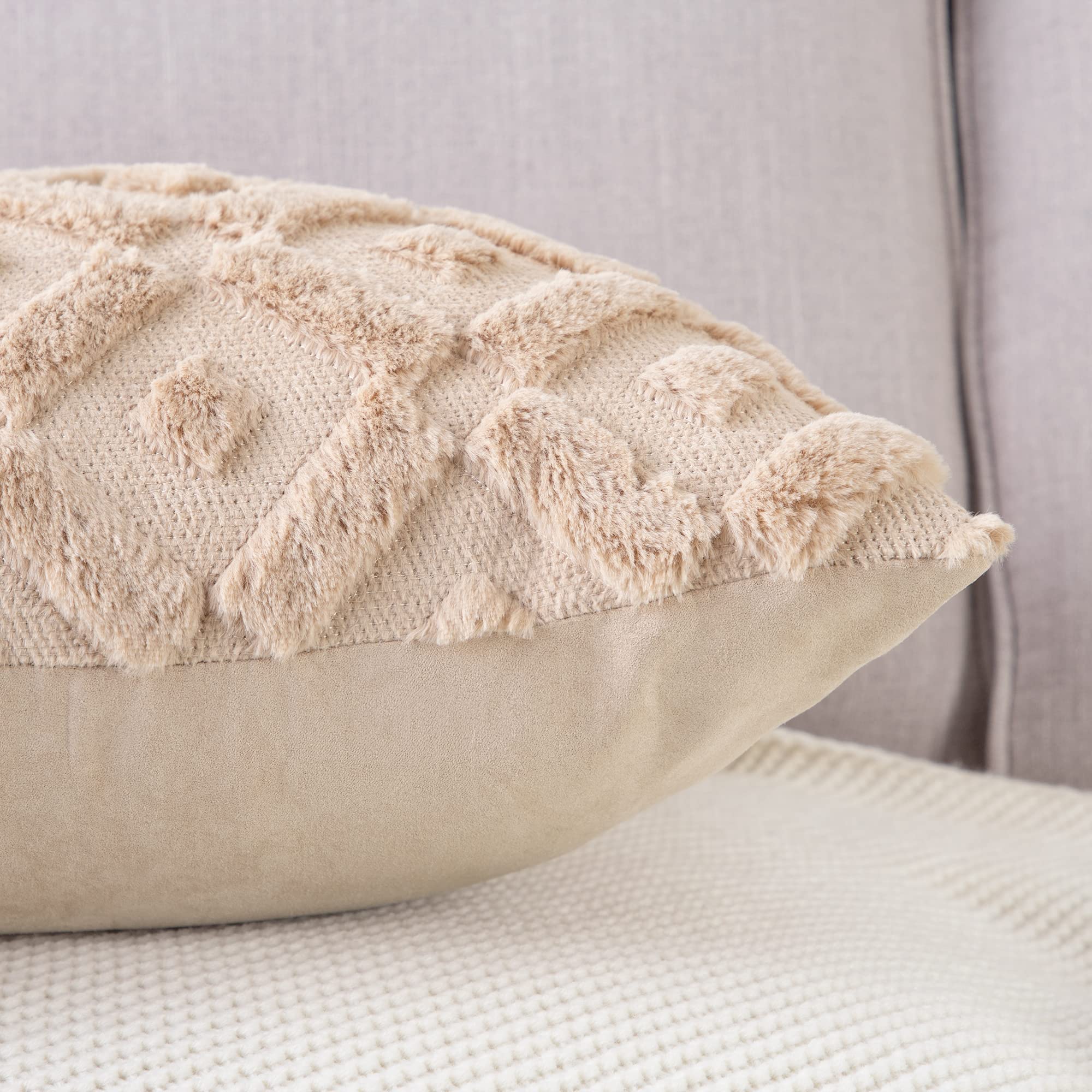 MADIZZ Set of 2 Khaki Plush Short Wool Throw Pillow Covers 12x12 Inch Square - Super Soft Cozy Decorative Velvet Cushion Covers for Sofa, Bed, Living Room - Perfect for Home Decor, Winter Comfort & Cozy Reading Nook